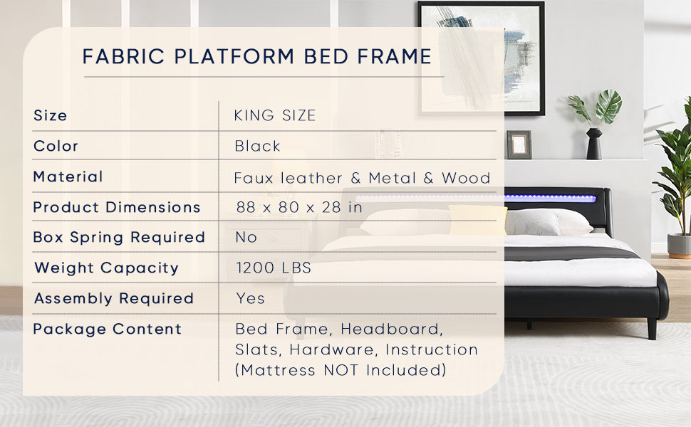 Modern Upholstered Platform Bed Frame With Led Lights Headboard, Faux Leather Wave Like Platform Bed Frame,Strong Wood Slats Support, Easy Assembly, Black, King Size Black Metal & Wood