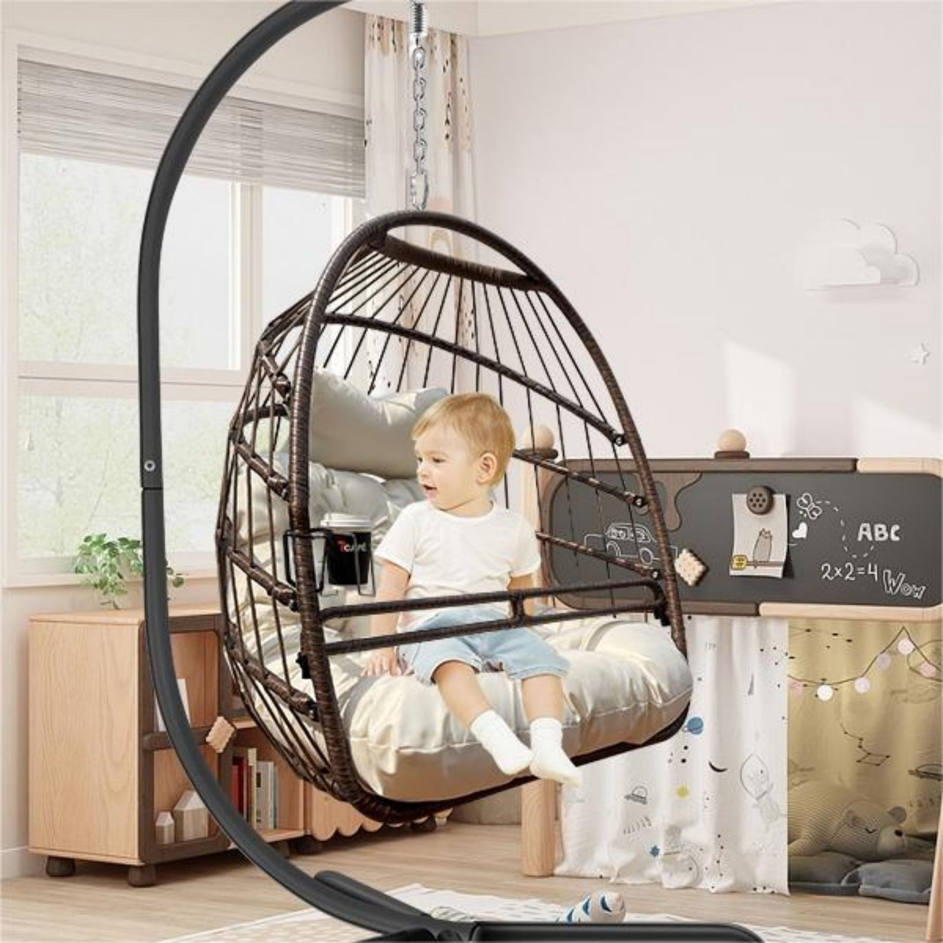Arrived At Port On Apr. 2 Swing Egg Chair With Stand Indoor Outdoor Wicker Rattan Patio Basket Hanging Chair With C Type Bracketwith Cushion And Pillow,Patio Wicker Folding Hanging Chair Brown Metal