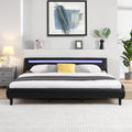Modern Upholstered Platform Bed Frame With Led Lights Headboard, Faux Leather Wave Like Platform Bed Frame,Strong Wood Slats Support, Easy Assembly, Black, King Size Black Metal & Wood