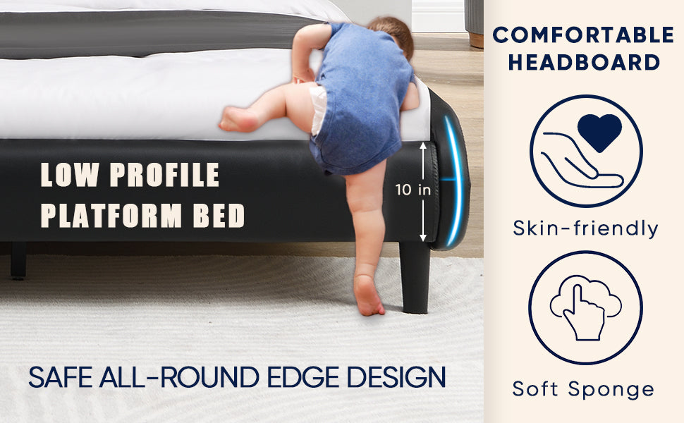 Modern Upholstered Platform Bed Frame With Led Lights Headboard, Faux Leather Wave Like Platform Bed Frame,Strong Wood Slats Support, Easy Assembly, Black, King Size Black Metal & Wood