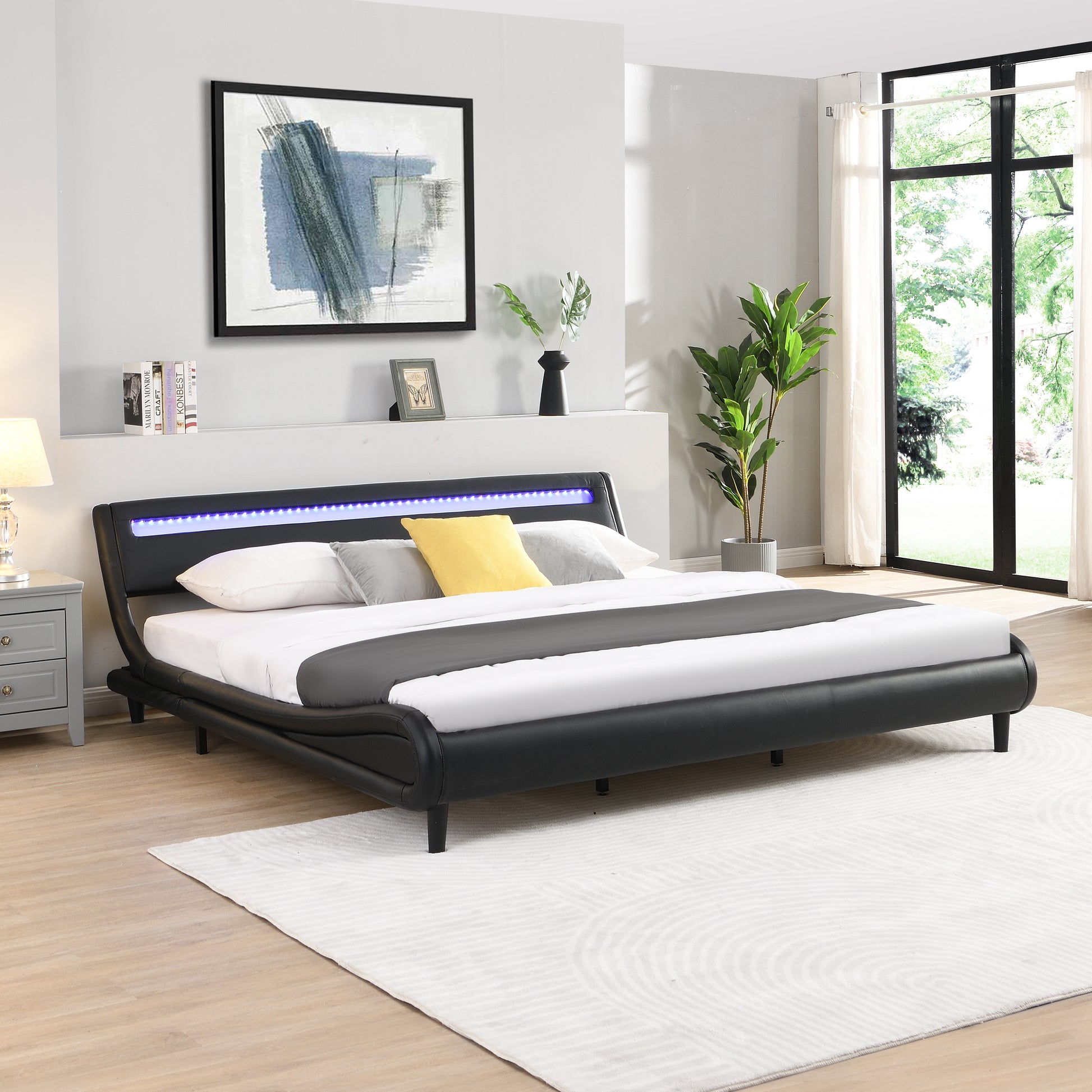 Modern Upholstered Platform Bed Frame With Led Lights Headboard, Faux Leather Wave Like Platform Bed Frame,Strong Wood Slats Support, Easy Assembly, Black, King Size Black Metal & Wood