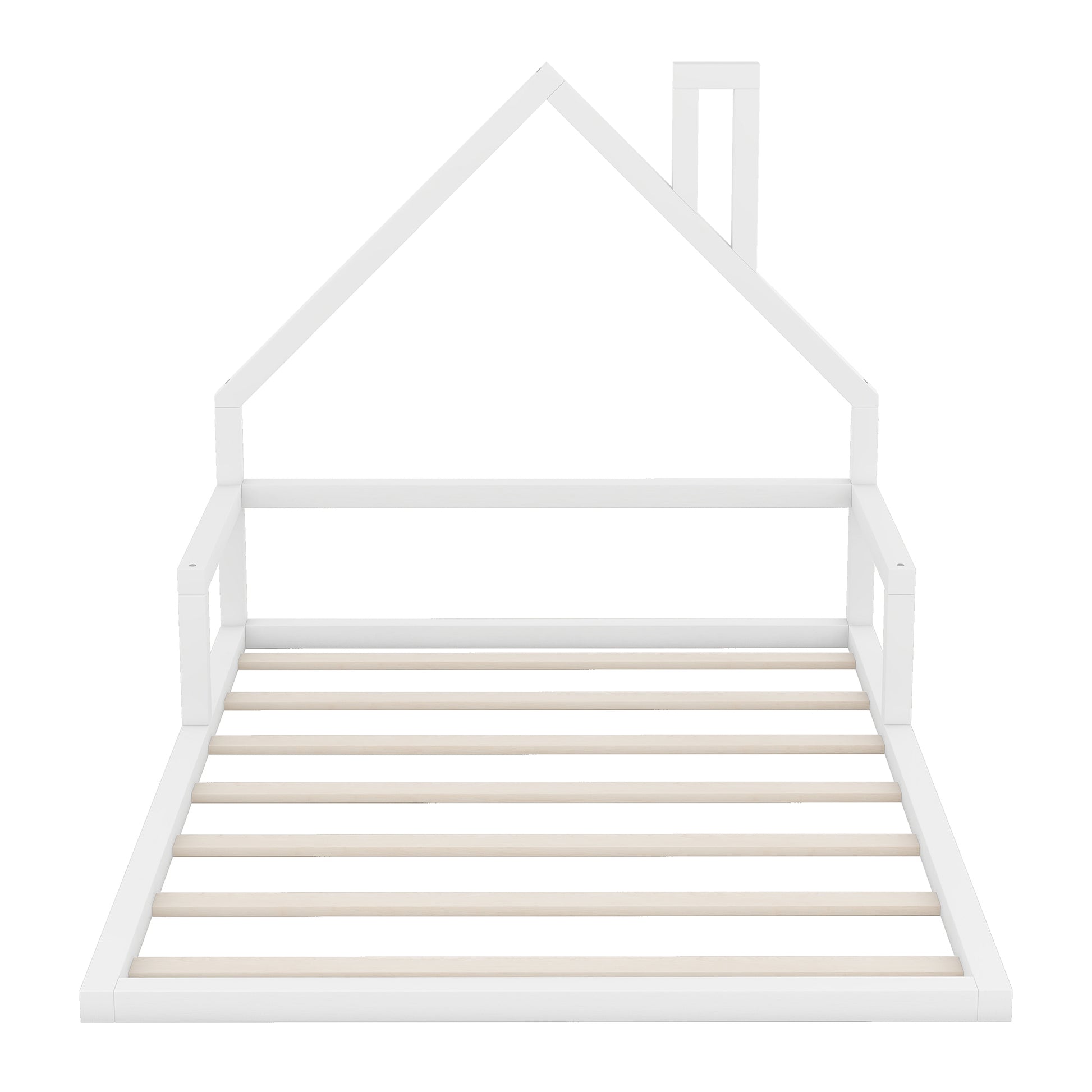 Full Size Wood Floor Bed With House Shaped Headboard, White Box Spring Not Required Full White Wood Bedroom Pine Bed Frame Solid Wood Mdf