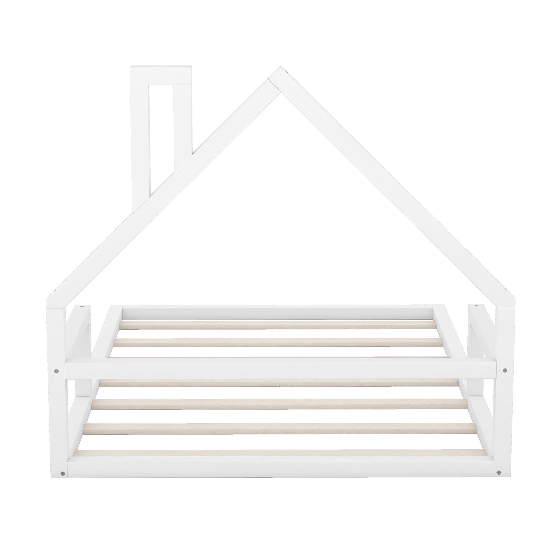 Full Size Wood Floor Bed With House Shaped Headboard, White Box Spring Not Required Full White Wood Bedroom Pine Bed Frame Solid Wood Mdf