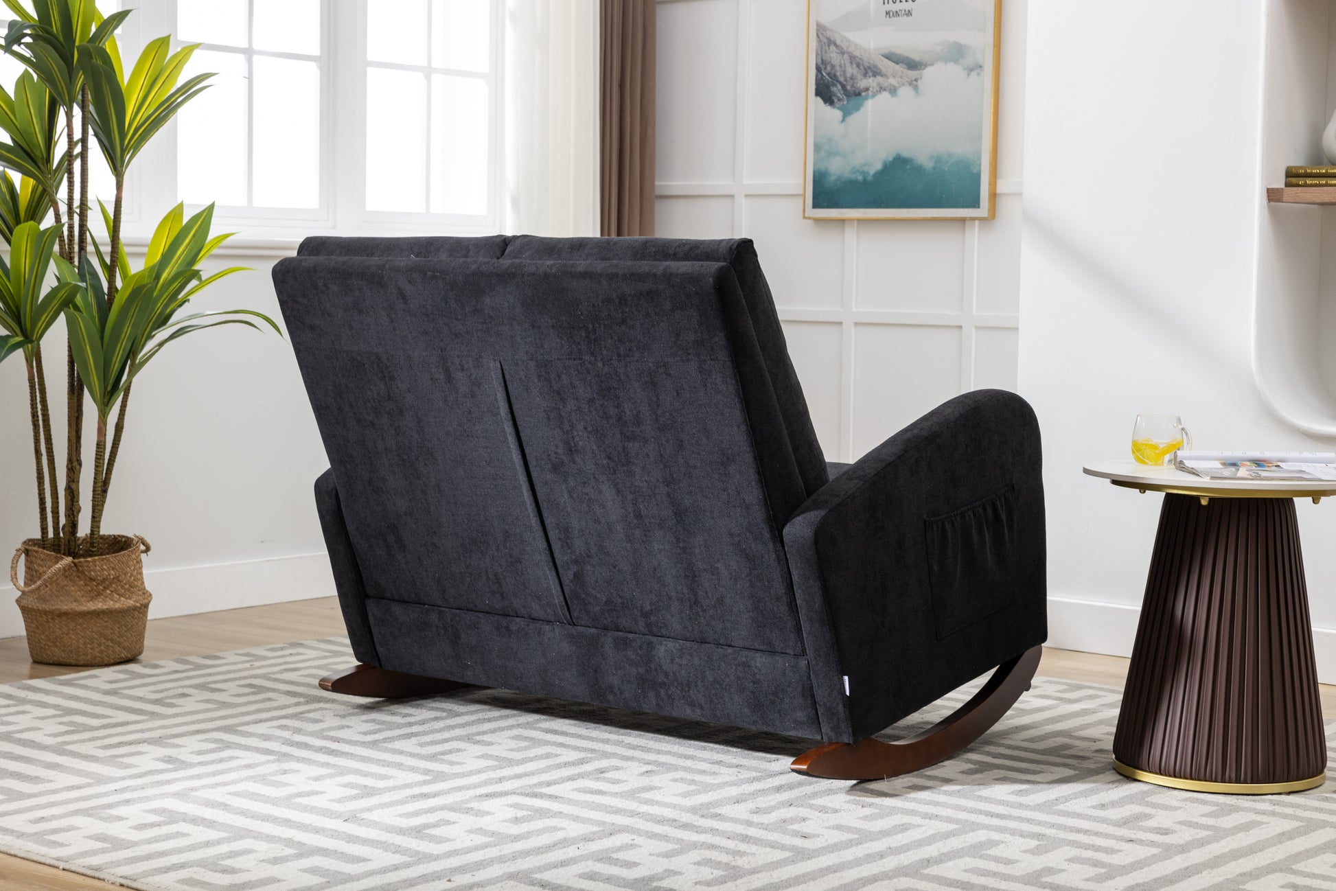 Coolmore Rocking Chair Upholstered Mid Century Modern Rocker Oversized Wingback Armchair For Living Room Black Linen