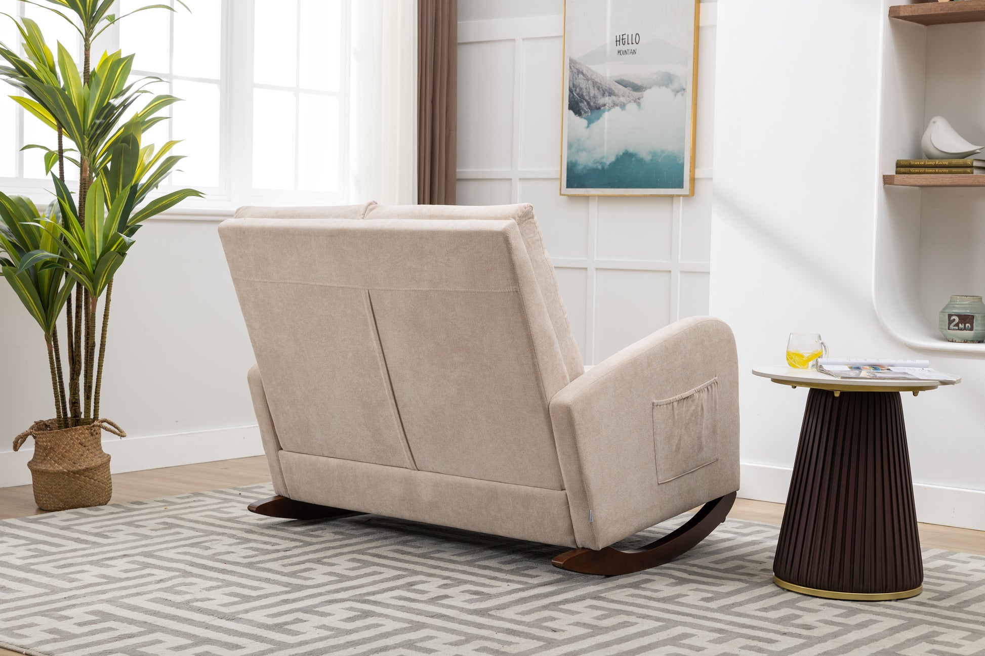 Coolmore Rocking Chair Upholstered Mid Century Modern Rocker Oversized Wingback Armchair For Living Room Beige Linen