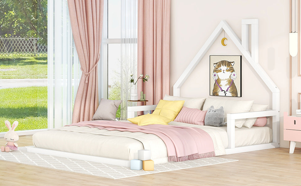 Full Size Wood Floor Bed With House Shaped Headboard, White Box Spring Not Required Full White Wood Bedroom Pine Bed Frame Solid Wood Mdf