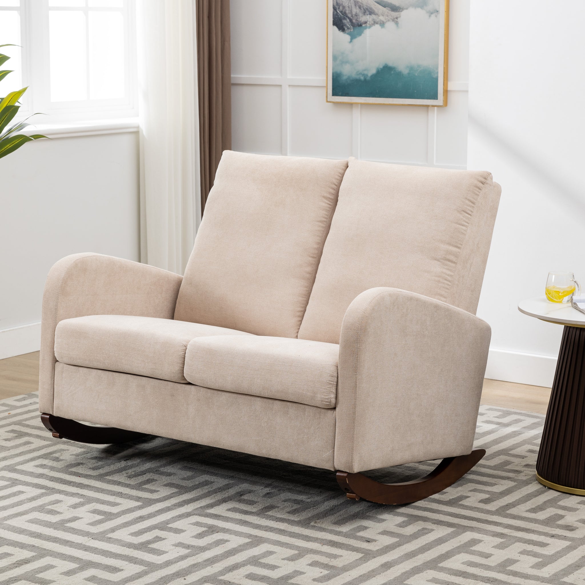 Coolmore Rocking Chair Upholstered Mid Century Modern Rocker Oversized Wingback Armchair For Living Room Beige Linen