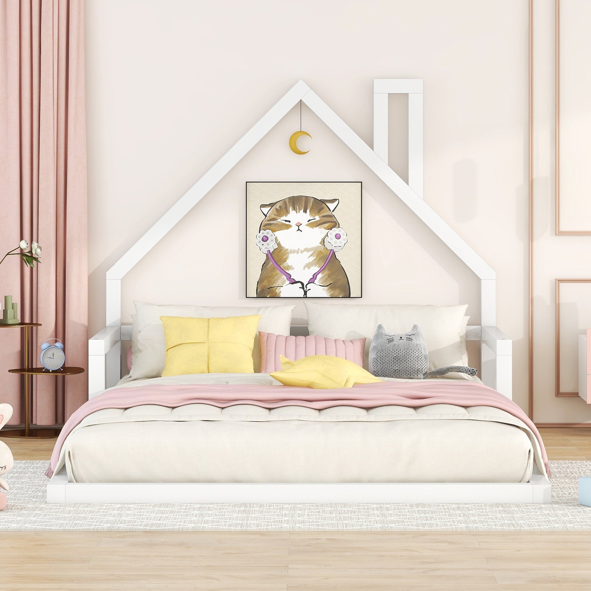 Full Size Wood Floor Bed With House Shaped Headboard, White Box Spring Not Required Full White Wood Bedroom Pine Bed Frame Solid Wood Mdf