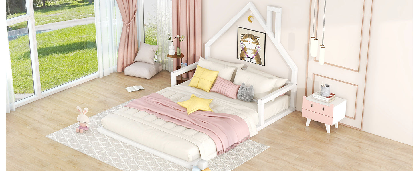 Full Size Wood Floor Bed With House Shaped Headboard, White Box Spring Not Required Full White Wood Bedroom Pine Bed Frame Solid Wood Mdf