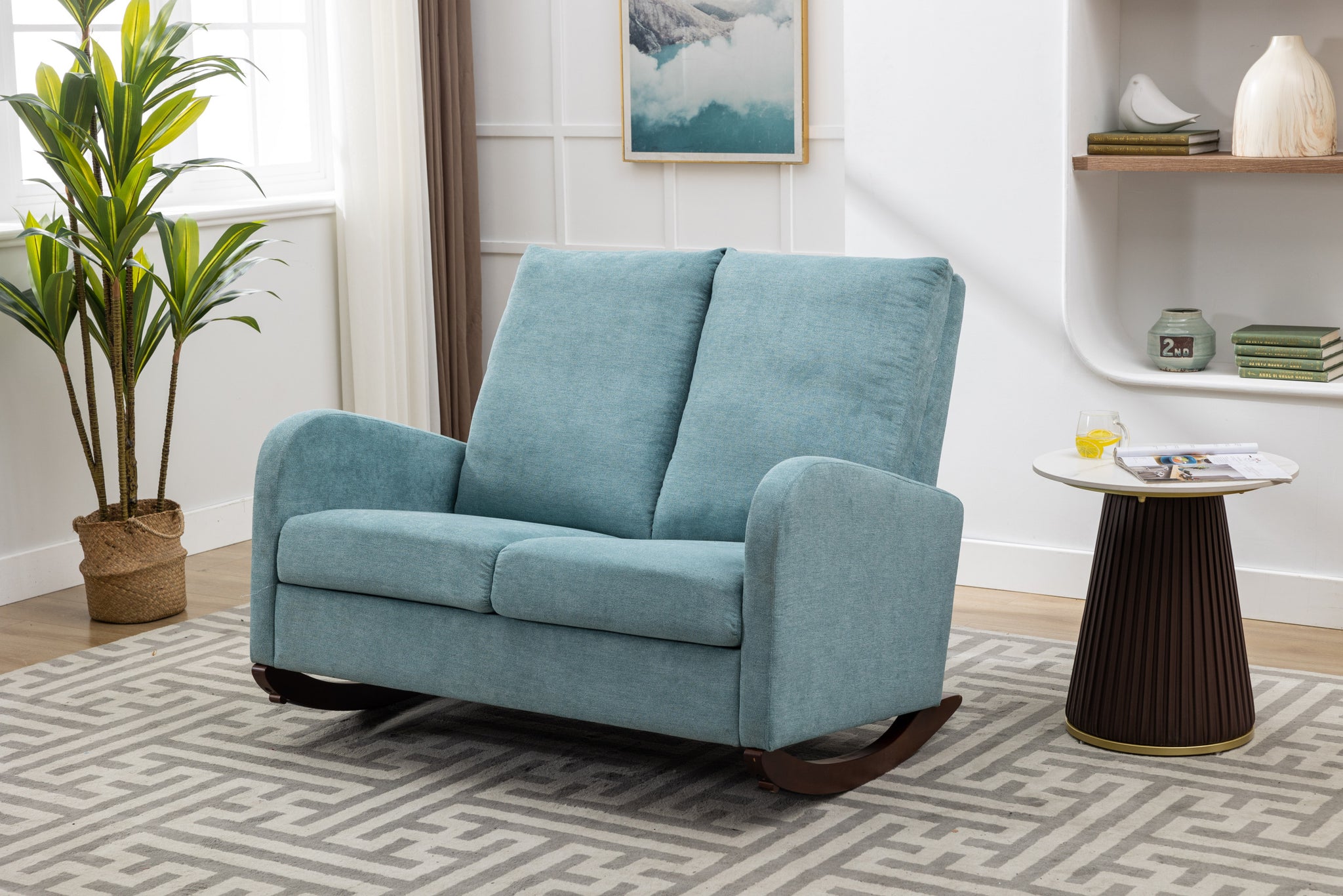 Coolmore Rocking Chair Upholstered Mid Century Modern Rocker Oversized Wingback Armchair For Living Room Light Blue Linen