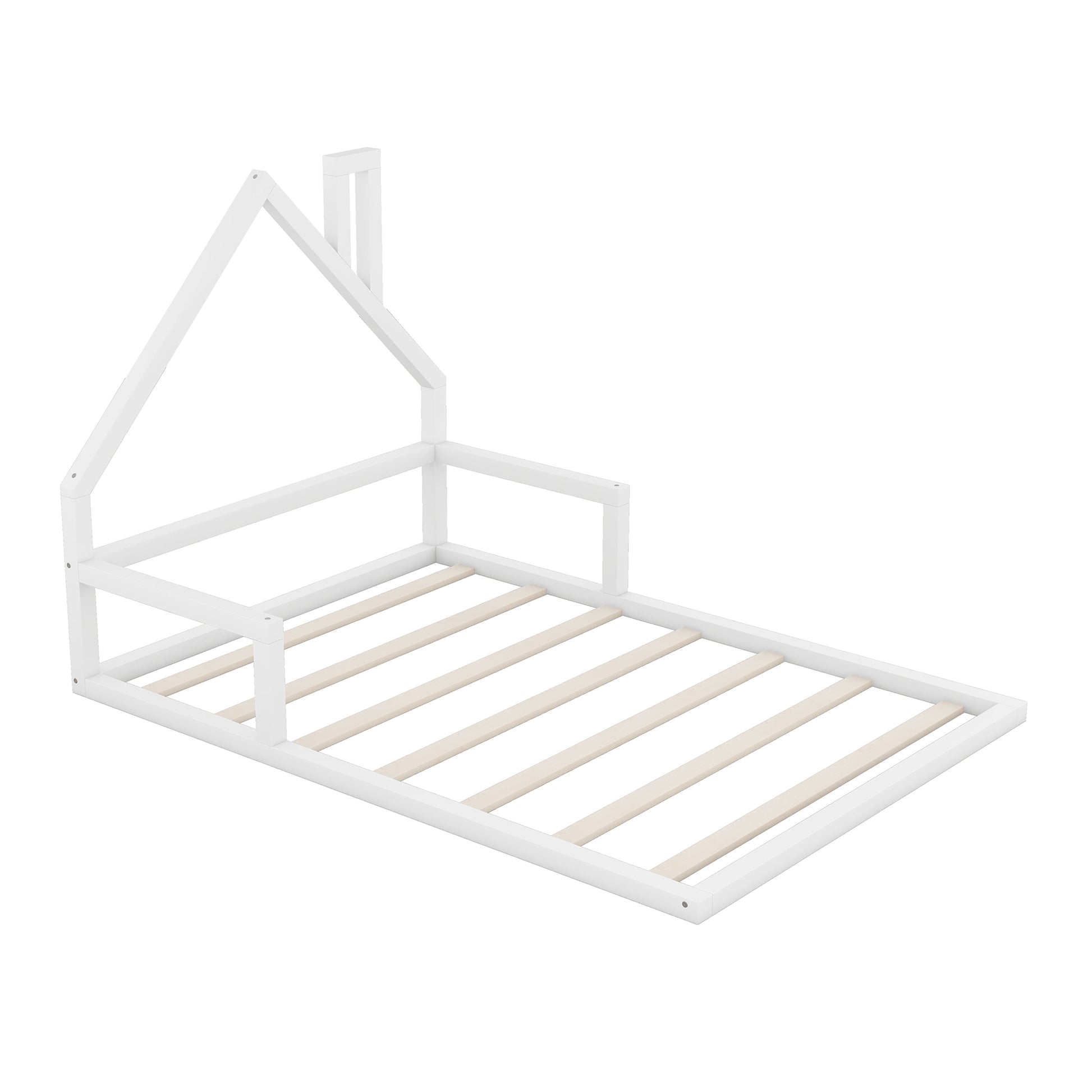 Full Size Wood Floor Bed With House Shaped Headboard, White Box Spring Not Required Full White Wood Bedroom Pine Bed Frame Solid Wood Mdf