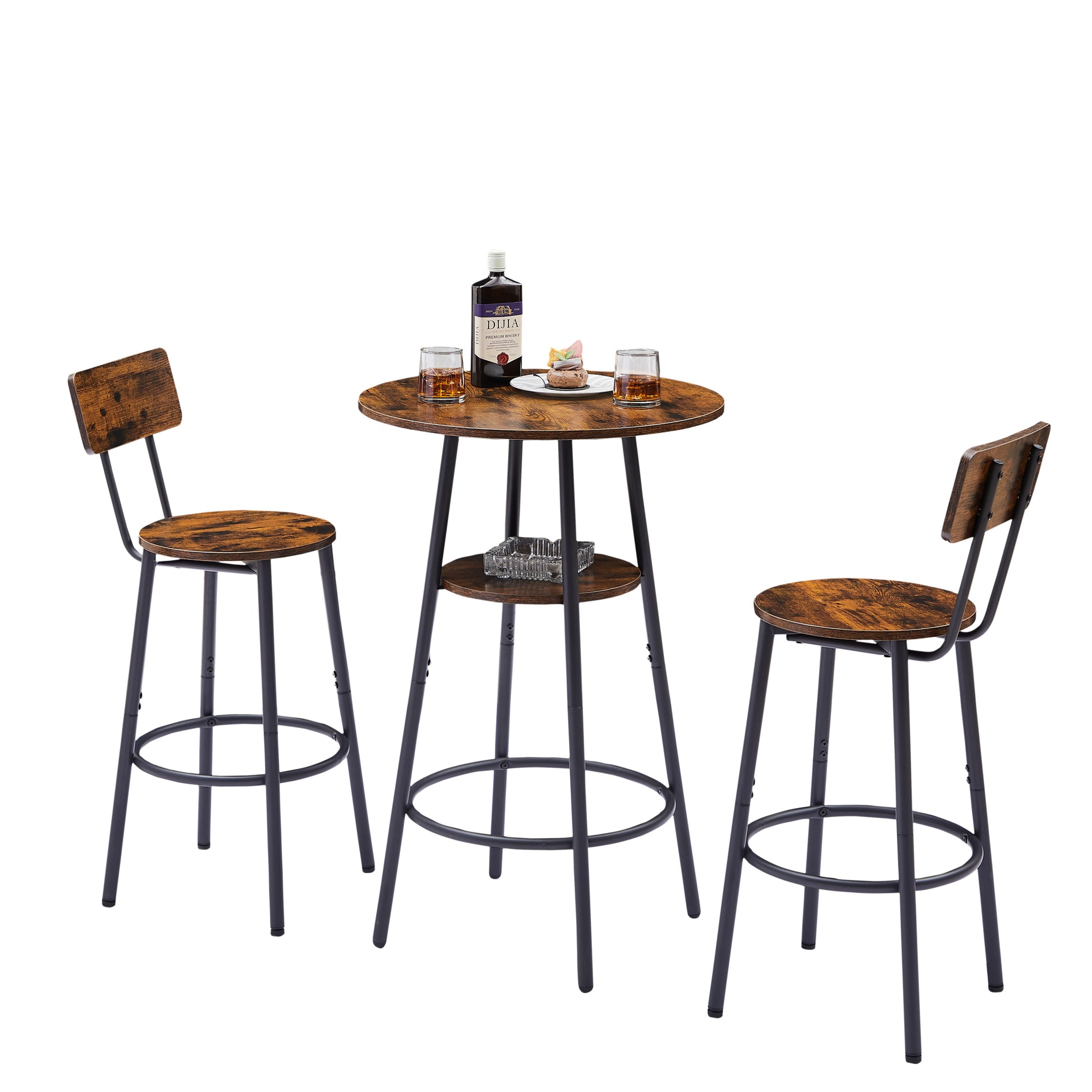 Round Bar Stool Set With Shelves, Stool With Backrest Rustic Brown, 23.6'' Dia X 35.4'' H Rustic Brown Particle Board