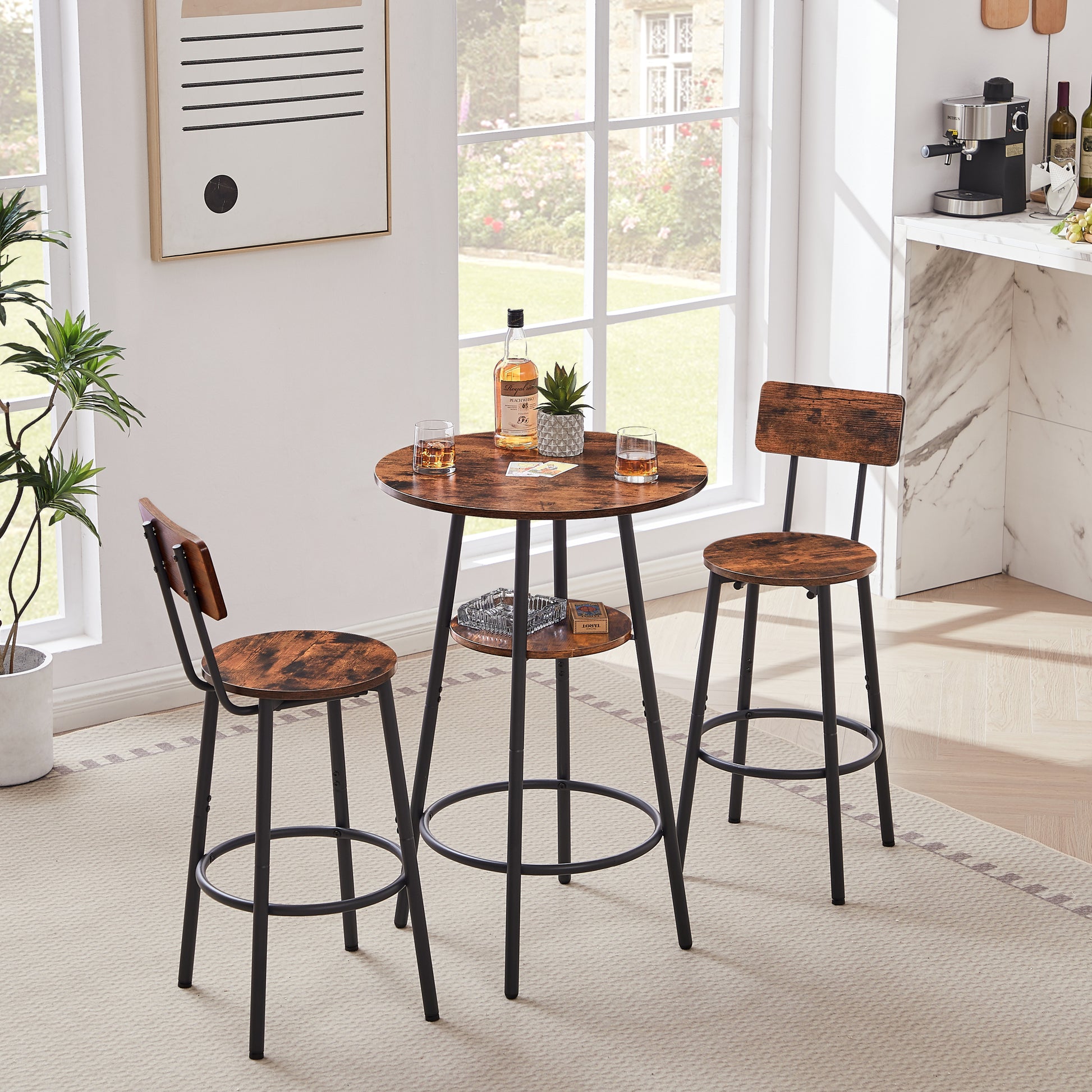 Round Bar Stool Set With Shelves, Stool With Backrest Rustic Brown, 23.6'' Dia X 35.4'' H Rustic Brown Particle Board