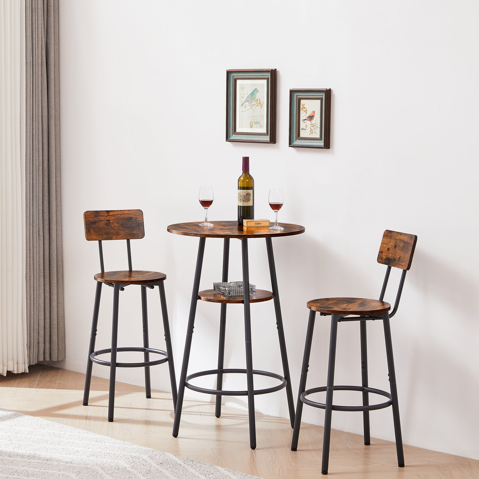 Round Bar Stool Set With Shelves, Stool With Backrest Rustic Brown, 23.6'' Dia X 35.4'' H Rustic Brown Particle Board