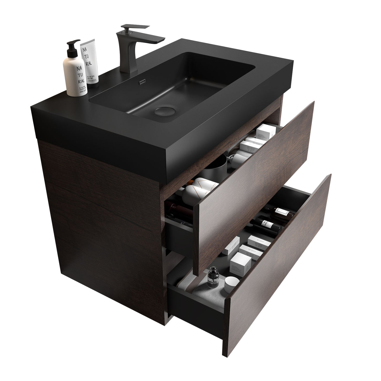 Alice 30" Walnut Bathroom Vanity With Sink, Large Storage Wall Mounted Floating Bathroom Vanity For Modern Bathroom, One Piece Black Sink Basin Without Drain And Faucet, Pre Assembled Walnut Black Melamine