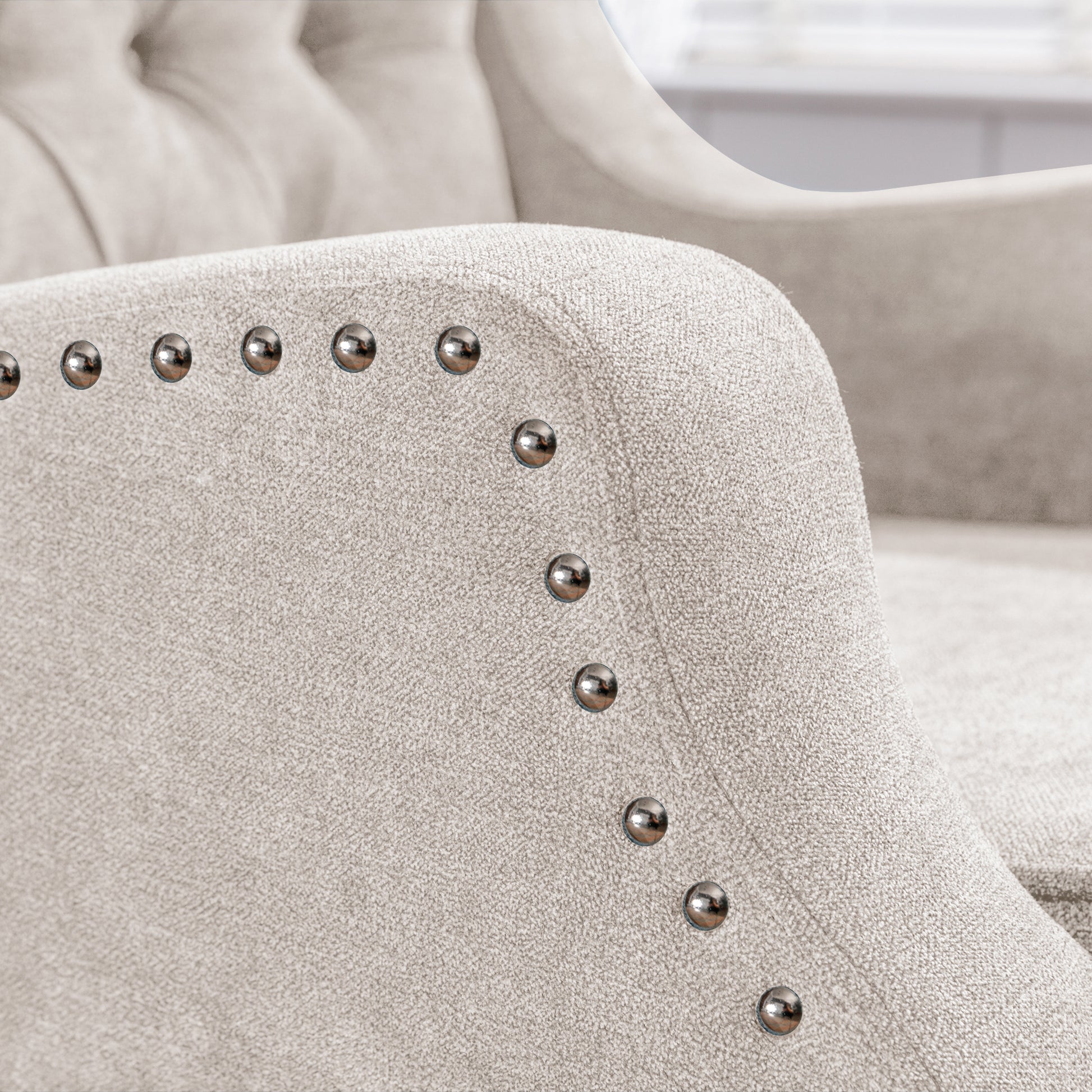 Beige Accent Chair, Living Room Chair, Footrest Chair Set With Vintage Brass Studs, Button Tufted Upholstered Armchair For Living Room, Comfy Reading Chair For Bedroom, Reception Room Beige Linen