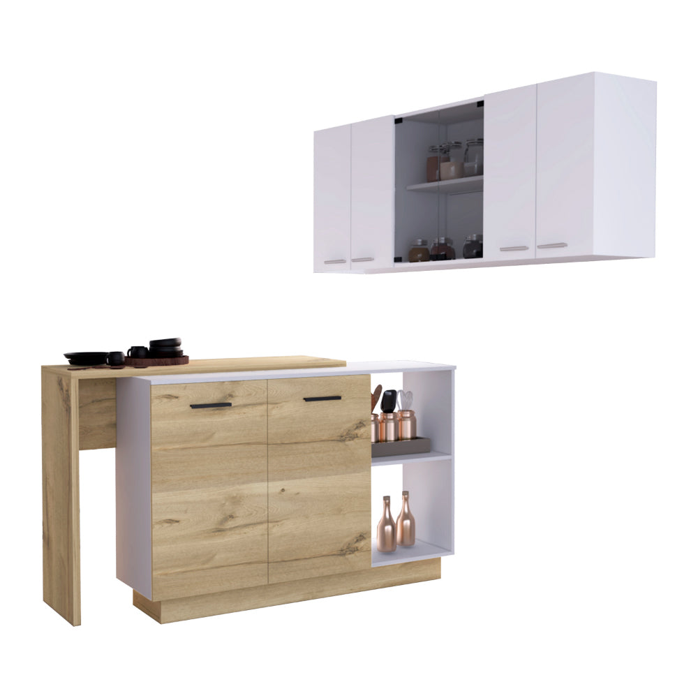 White And Light Oak 2 Piece Kitchen Set, Kitchen Island And Wall Cabinet White Engineered Wood