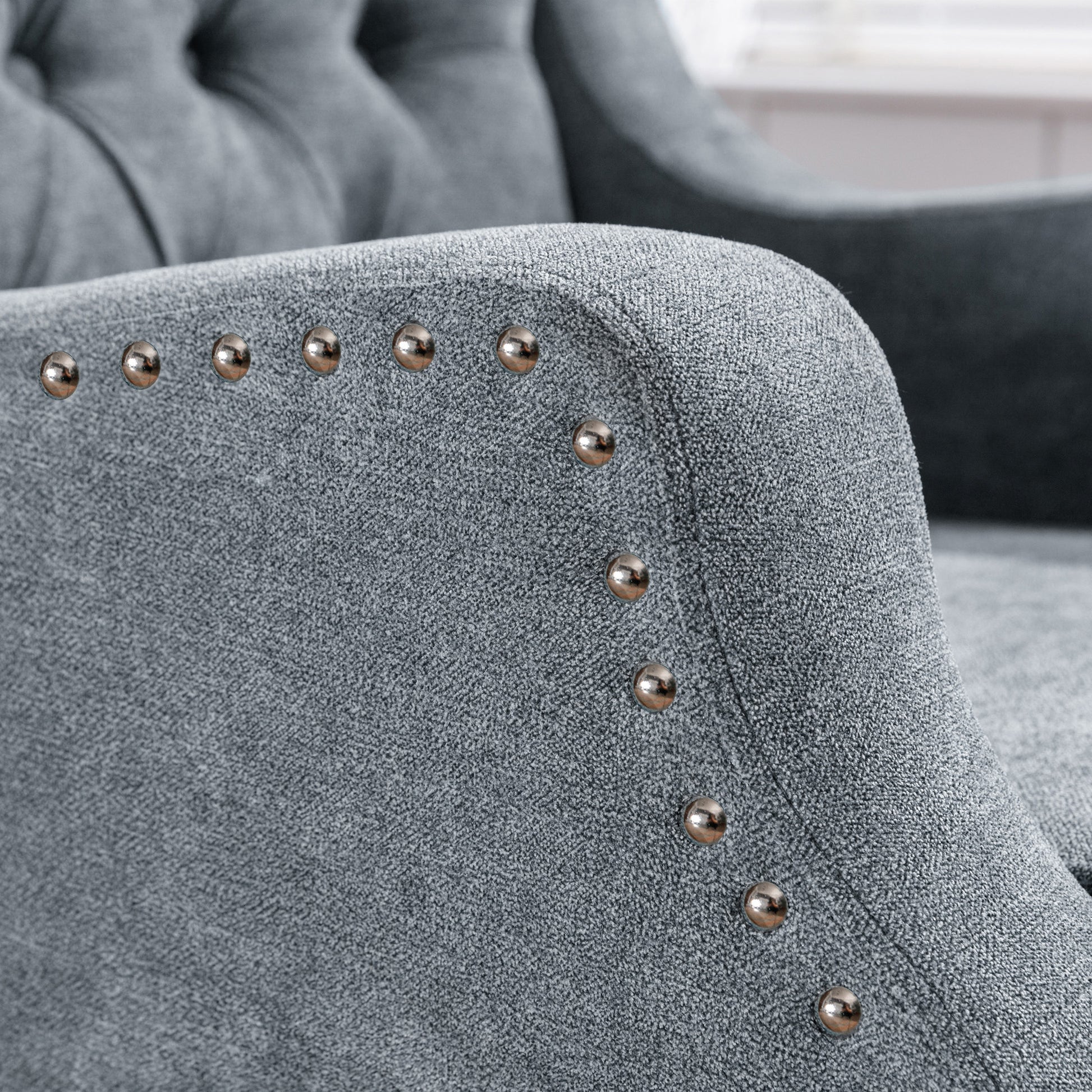 Grey Accent Chair, Living Room Chair, Footrest Chair Set With Vintage Brass Studs, Button Tufted Upholstered Armchair For Living Room, Comfy Reading Chair For Bedroom, Reception Room Grey Linen