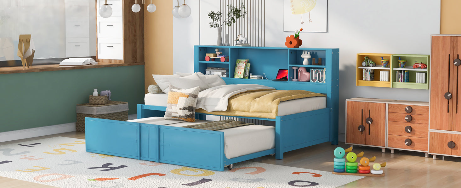 Metal Twin Size Daybed With Twin Size Trundle, Storage Shelves And Usb Ports, Blue Box Spring Not Required Twin Blue Metal Bed Frame Metal & Wood