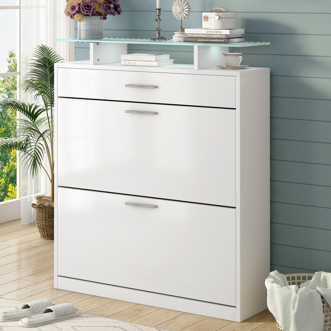 Slim Entryway Organizer With 2 Flip Drawers, Tempered Glass Top Shoe Storage Cabinet With Drawer, Free Standing Tipping Bucket Shoe Rack With Led Light For Hallway, White Square 3 4 Drawers White