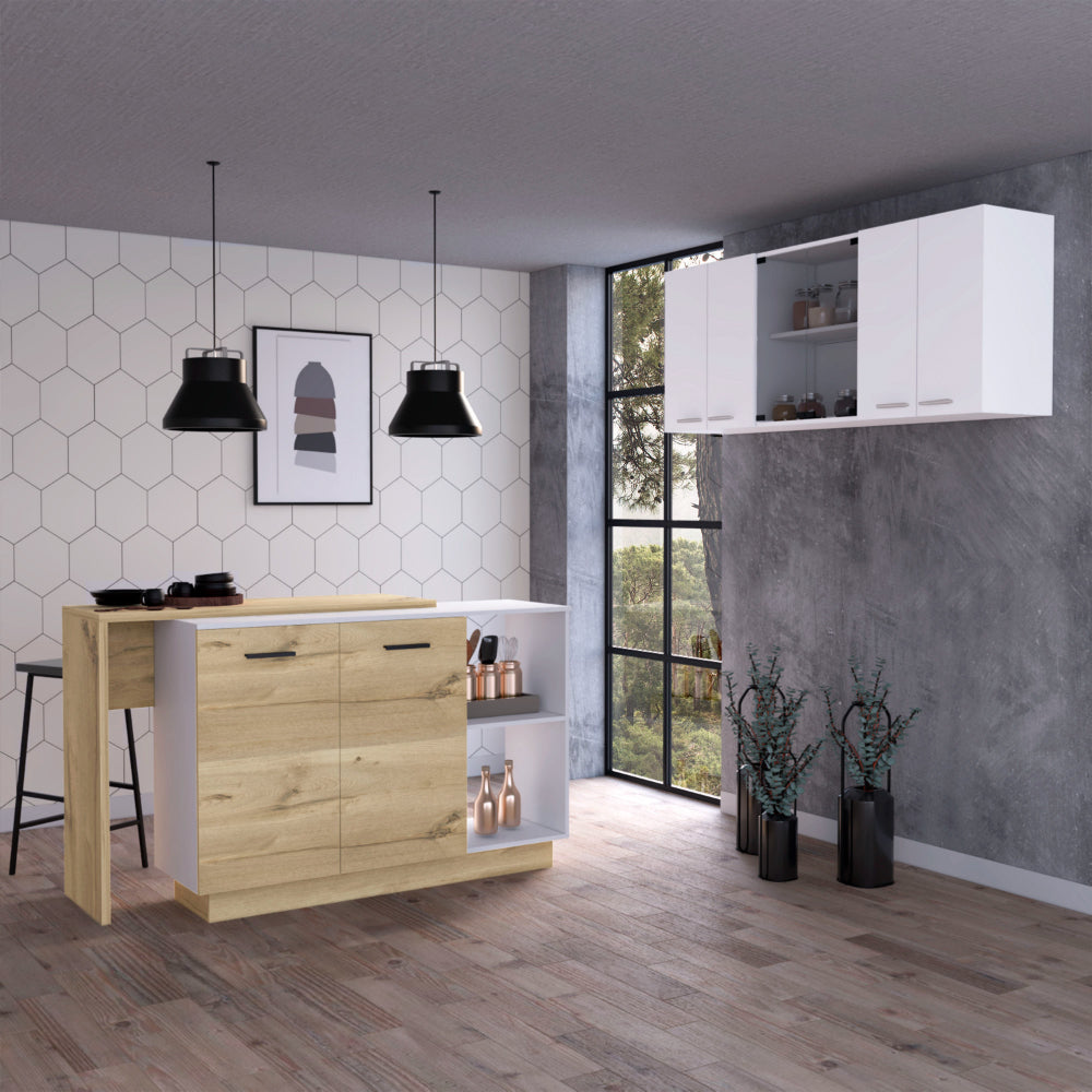 White And Light Oak 2 Piece Kitchen Set, Kitchen Island And Wall Cabinet White Engineered Wood