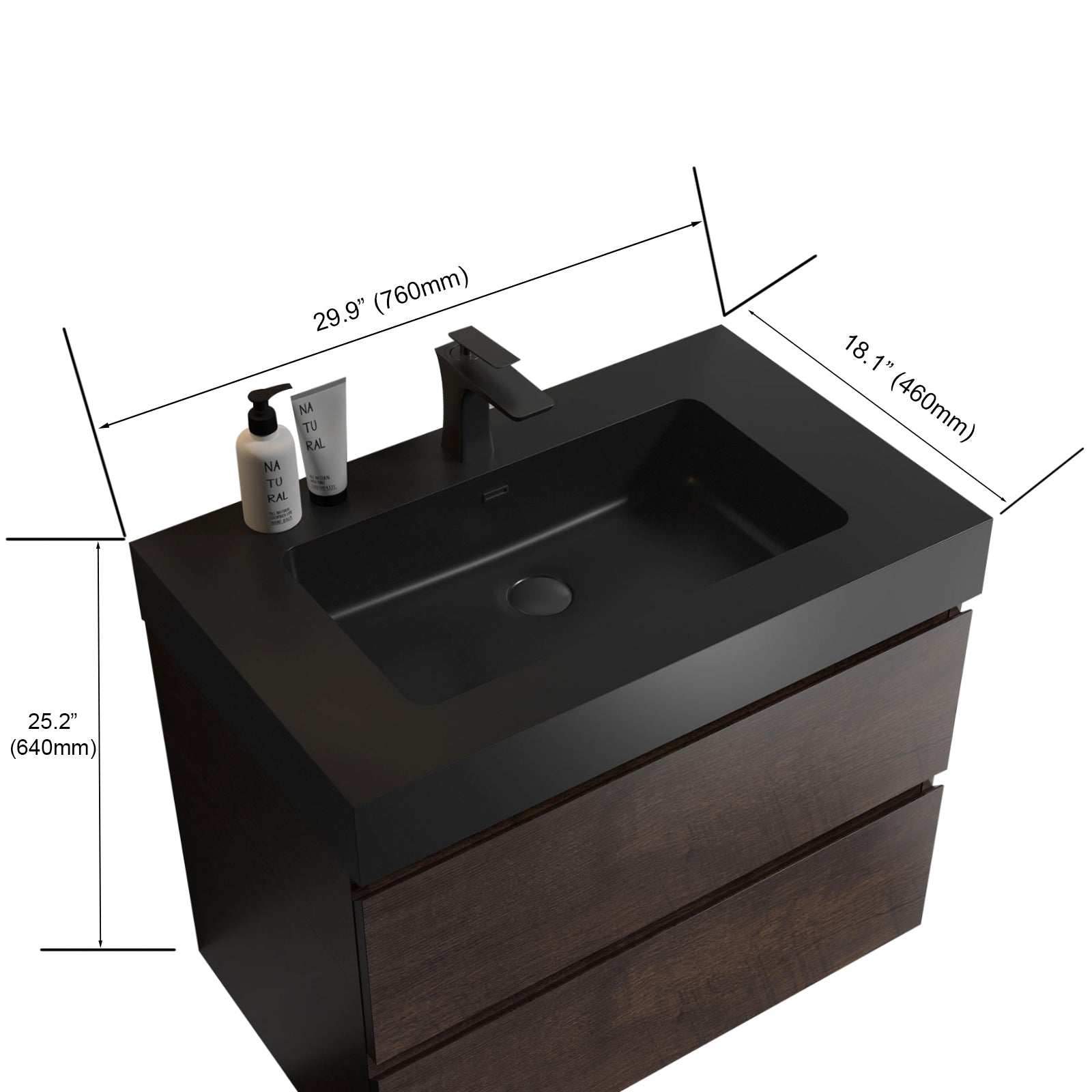 Alice 30" Walnut Bathroom Vanity With Sink, Large Storage Wall Mounted Floating Bathroom Vanity For Modern Bathroom, One Piece Black Sink Basin Without Drain And Faucet, Pre Assembled Walnut Black Melamine