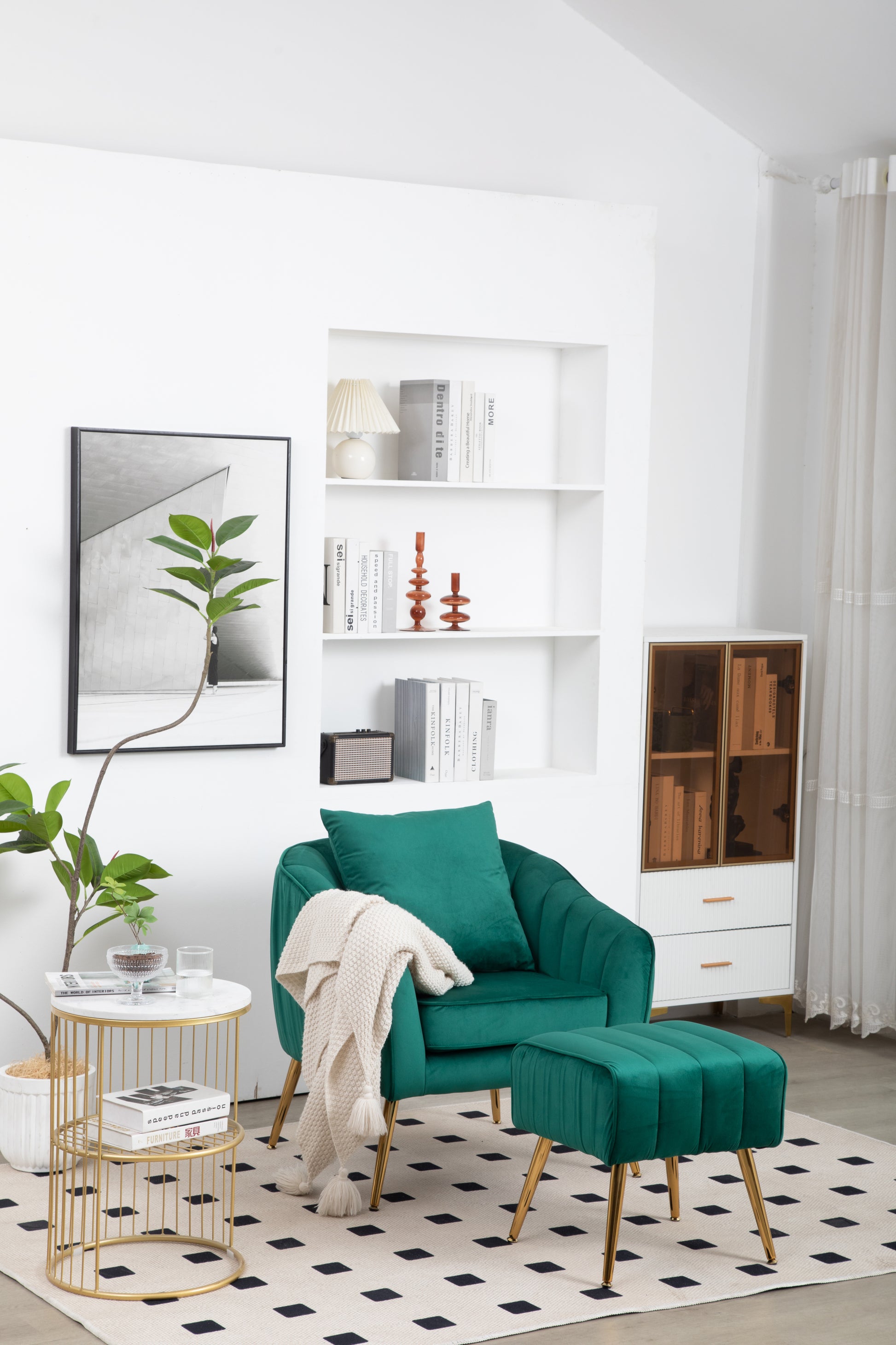 Velvet Accent Chair With Ottoman, Modern Tufted Barrel Chair Ottoman Set For Living Room Bedroom, Golden Finished, Christmas Green Green Foam Velvet