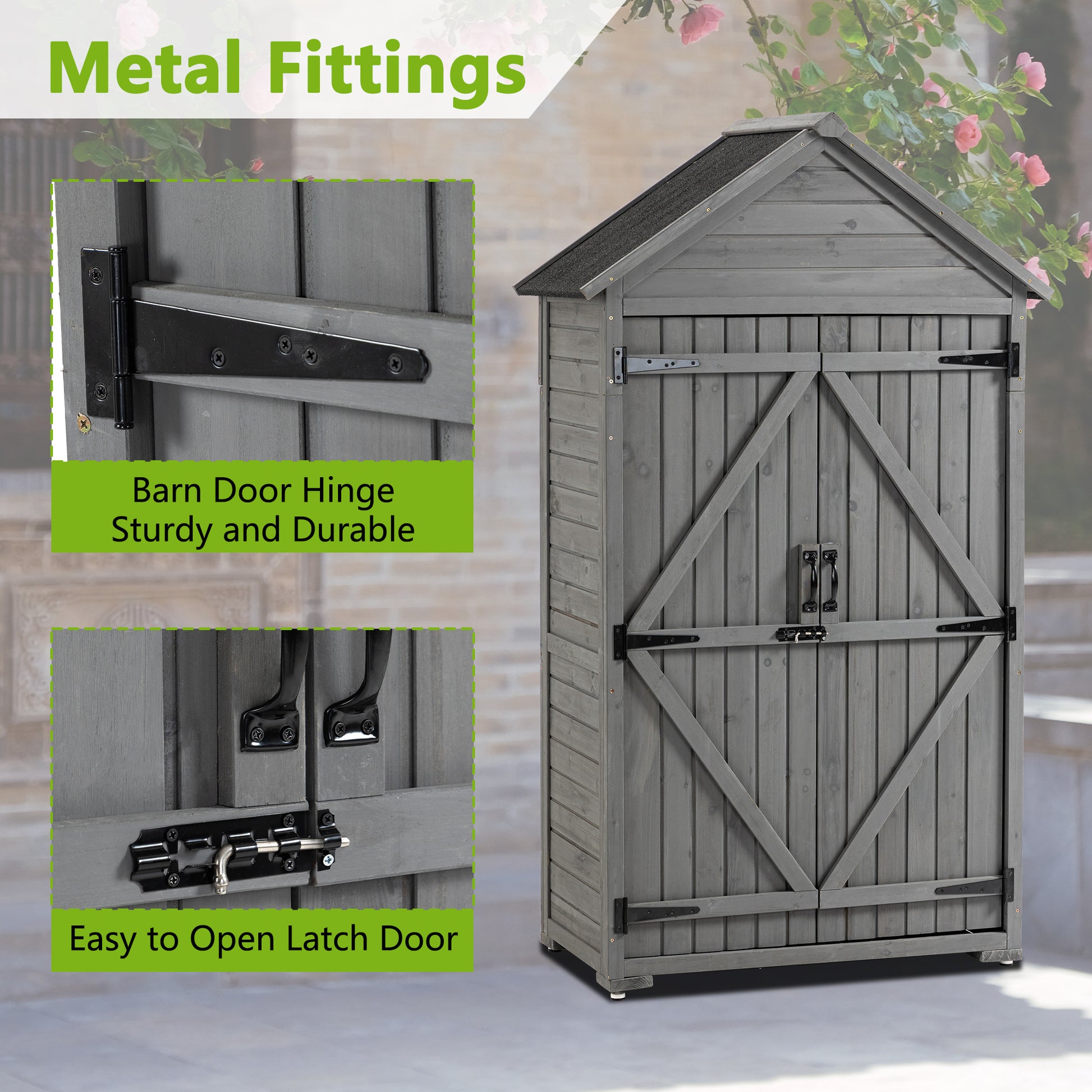 Outdoor Storage Cabinet, Garden Wood Tool Shed, Outside Wooden Shed Closet With Shelves And Latch For Yard 39.56"X 22.04"X 68.89" Grey Wood Stainless Steel