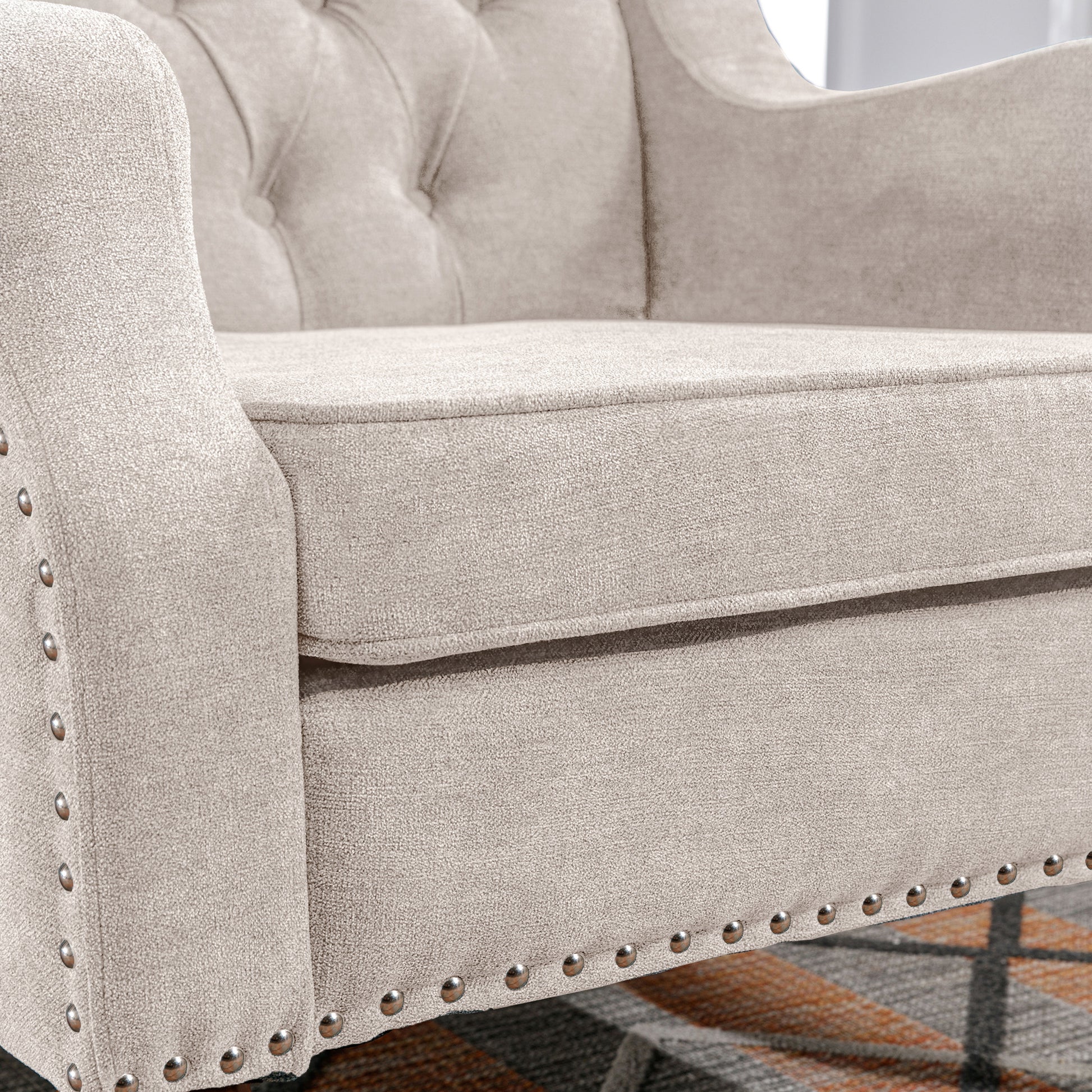 Beige Accent Chair, Living Room Chair, Footrest Chair Set With Vintage Brass Studs, Button Tufted Upholstered Armchair For Living Room, Comfy Reading Chair For Bedroom, Reception Room Beige Linen