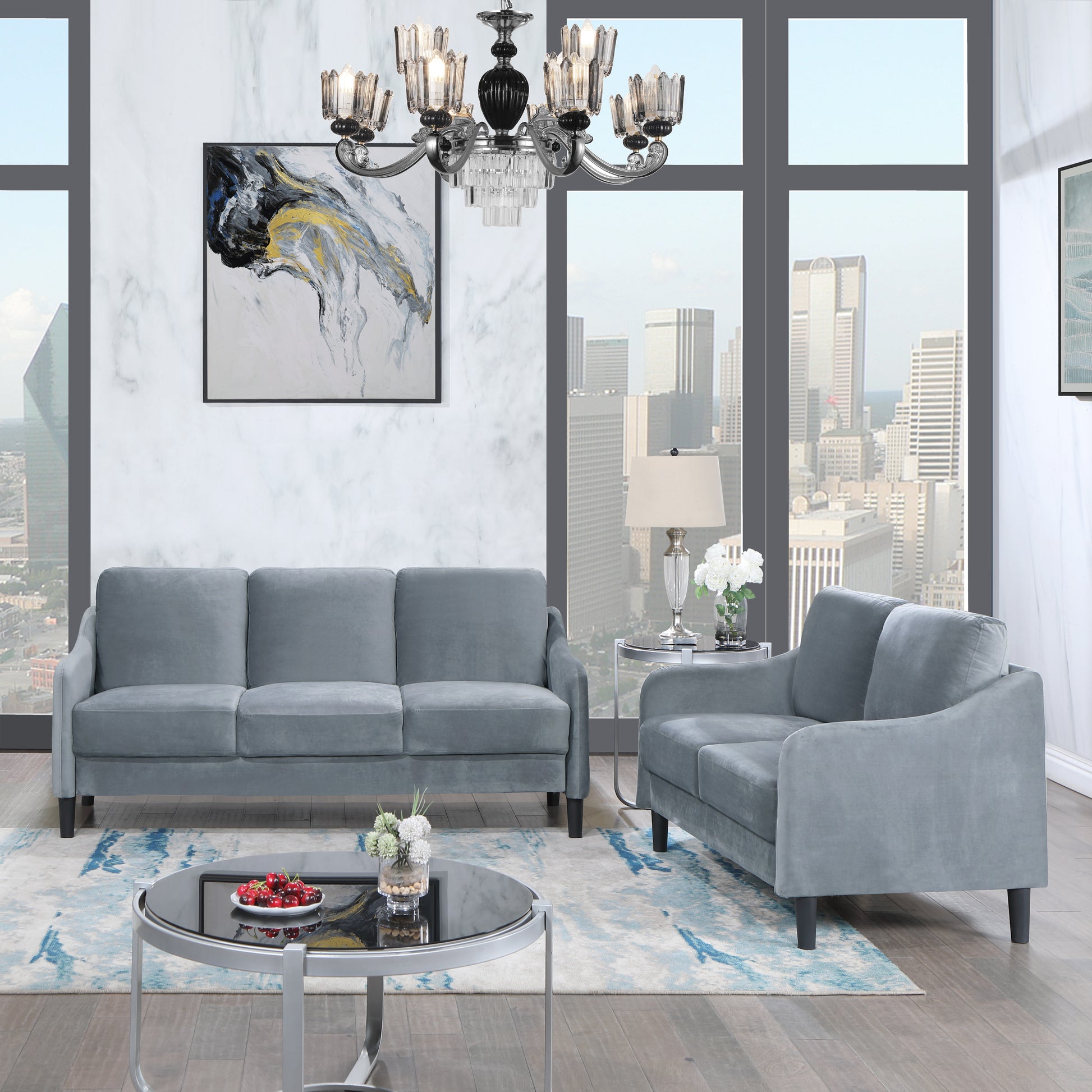 73.22Inch 3 Seater Sofa Velvet Grey Grey Fabric