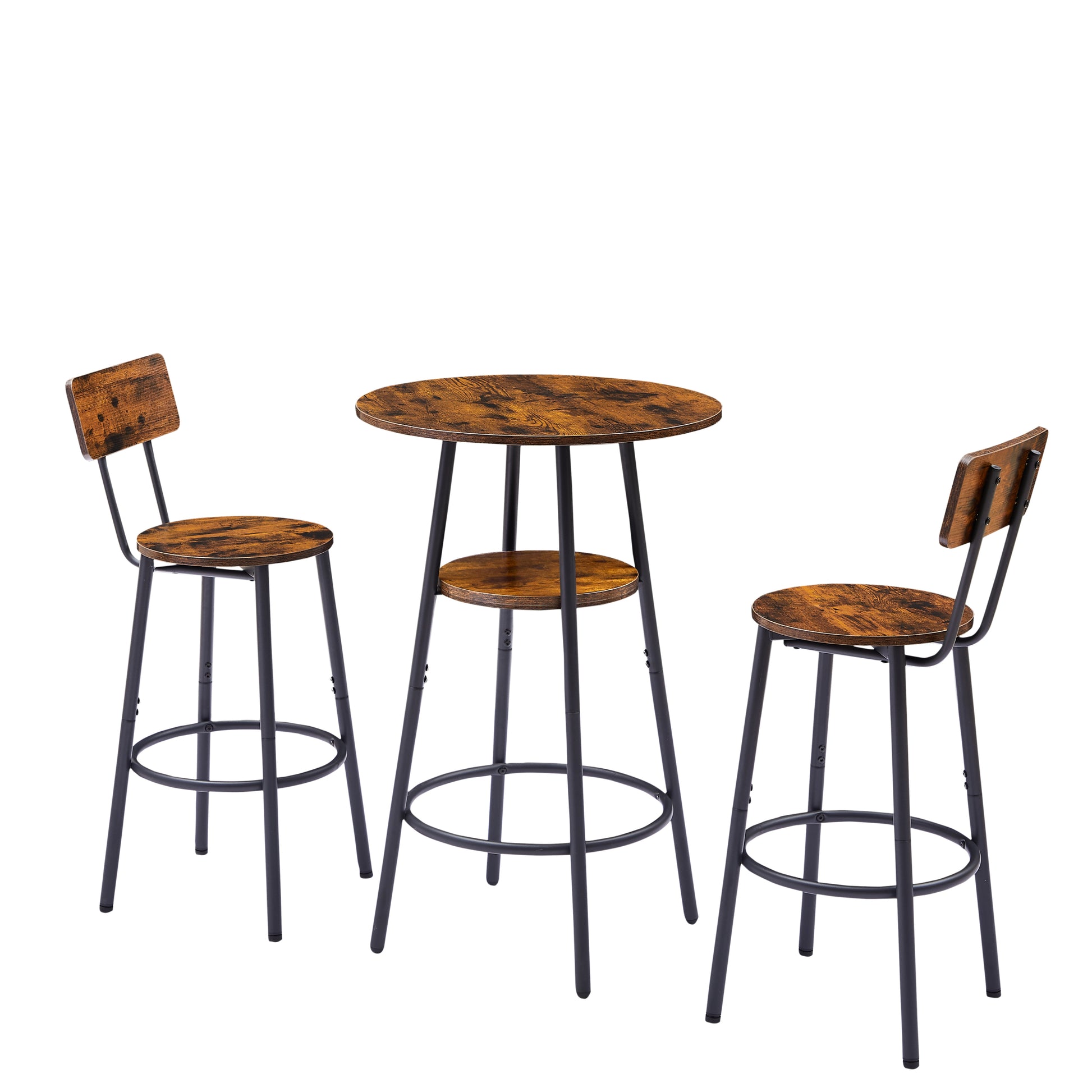 Round Bar Stool Set With Shelves, Stool With Backrest Rustic Brown, 23.6'' Dia X 35.4'' H Rustic Brown Particle Board