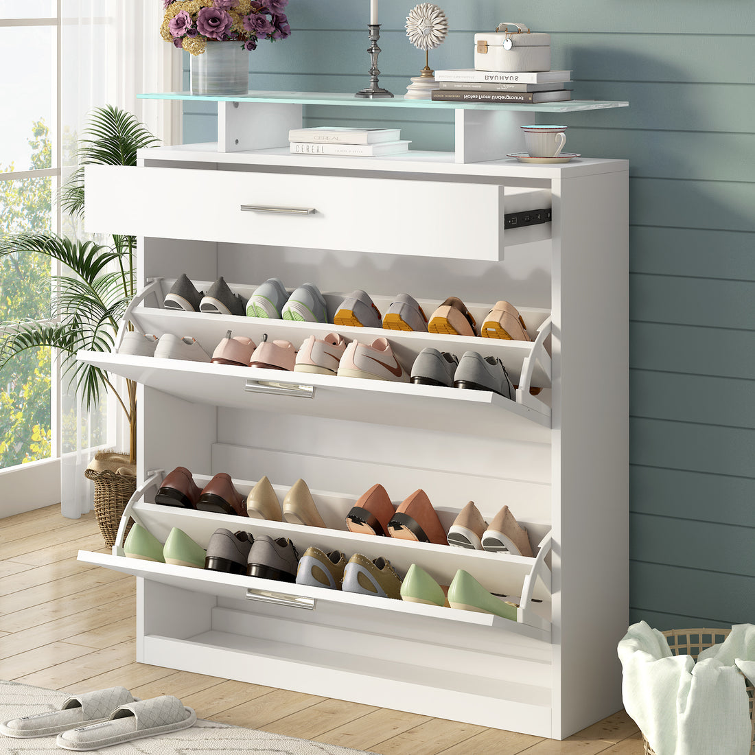 Slim Entryway Organizer With 2 Flip Drawers, Tempered Glass Top Shoe Storage Cabinet With Drawer, Free Standing Tipping Bucket Shoe Rack With Led Light For Hallway, White Square 3 4 Drawers White