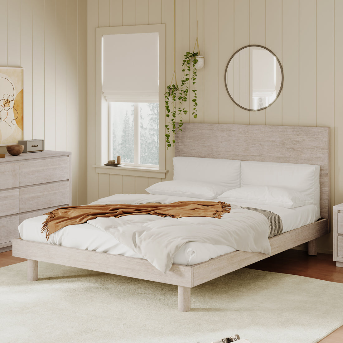 Modern Concise Style Solid Wood Grain Platform Bed Frame, Queen, Stone Gray Stone Gray Wood