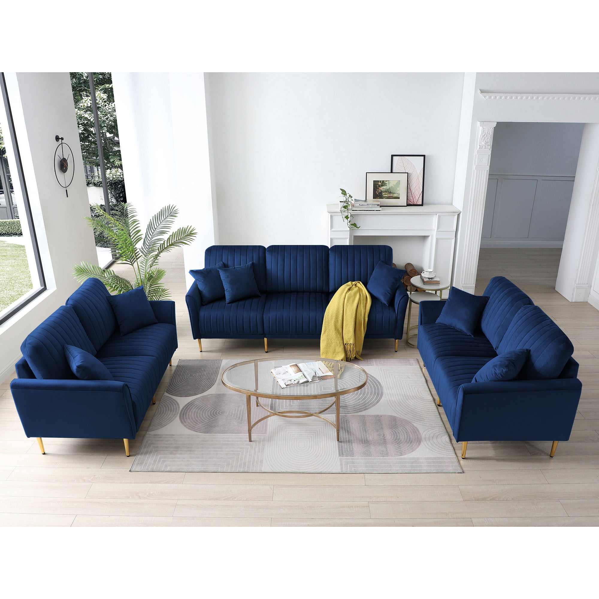 Velvet Fabric Sofa Couch Set, Mid Century 3 Seat Tufted Beautiful Seat For Living Room, Bedroom, Office, Apartment, Dorm, Studio And Small Space, 7 Pillows Included Navy Blue ,3 2 2 Seater Blue Foam Velvet