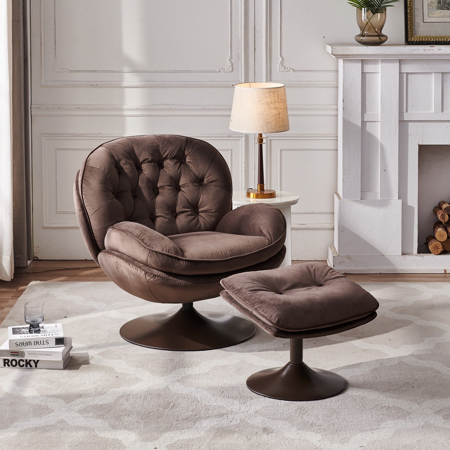 Swivel Leisure Chair Lounge Chair Velvet Chocolate Color With Stool Chocolate Velvet