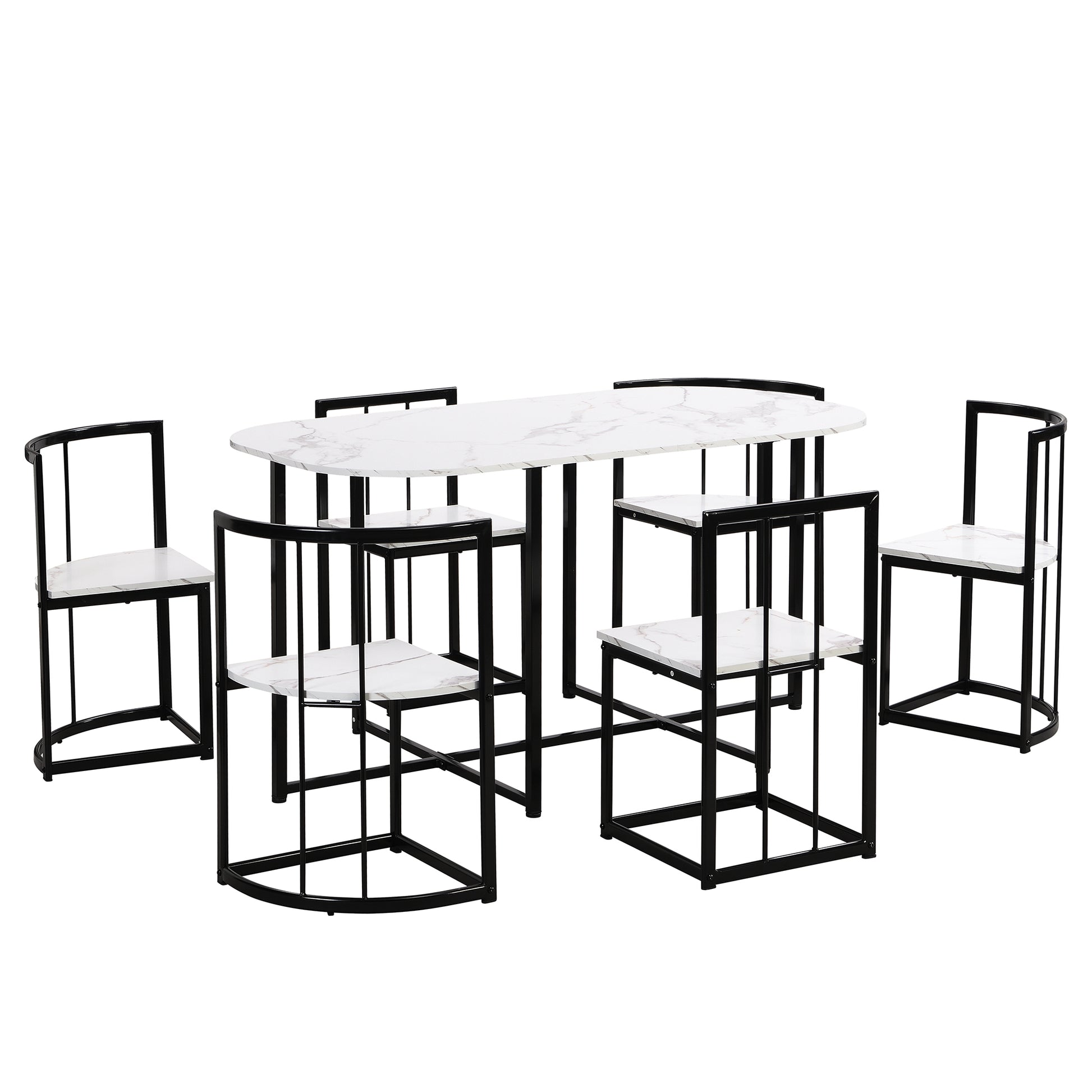 Modern 7 Piece Dining Table Set With Faux Marble Compact 55Inch Kitchen Table Set For 6, Black White Metal White Black Seats 6 Metal Dining Room Modern Dining Table With Chair Iron