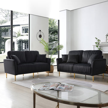 Black Velvet Modern 2 Pieces Of 2 Seat Sofa And Loveseat Couch Living Room Set, Metal Legs With Self Fabric Pillows Black Foam Velvet 4 Seat