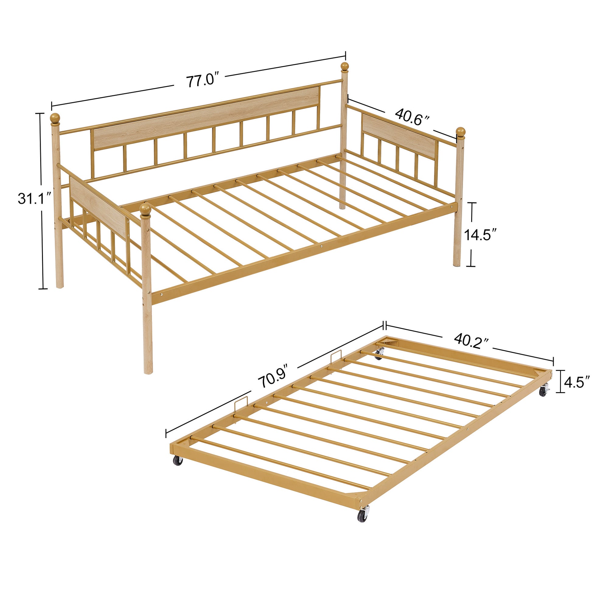 Daybed, Sofa Bed Metal Framed With Trundle Twin Size, Golden, 77'' L X 40.6'' W X 14.5''H Twin Golden Steel