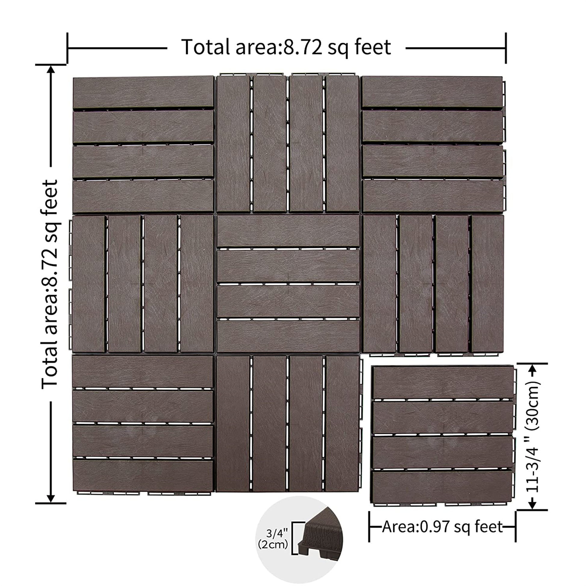 Patio Interlocking Deck Tiles, 12"X12" Square Composite Decking Tiles, Four Slat Plastic Outdoor Flooring Tile All Weather For Balcony Porch Backyard Dark Brown, Pack Of 9 Brown Plastic