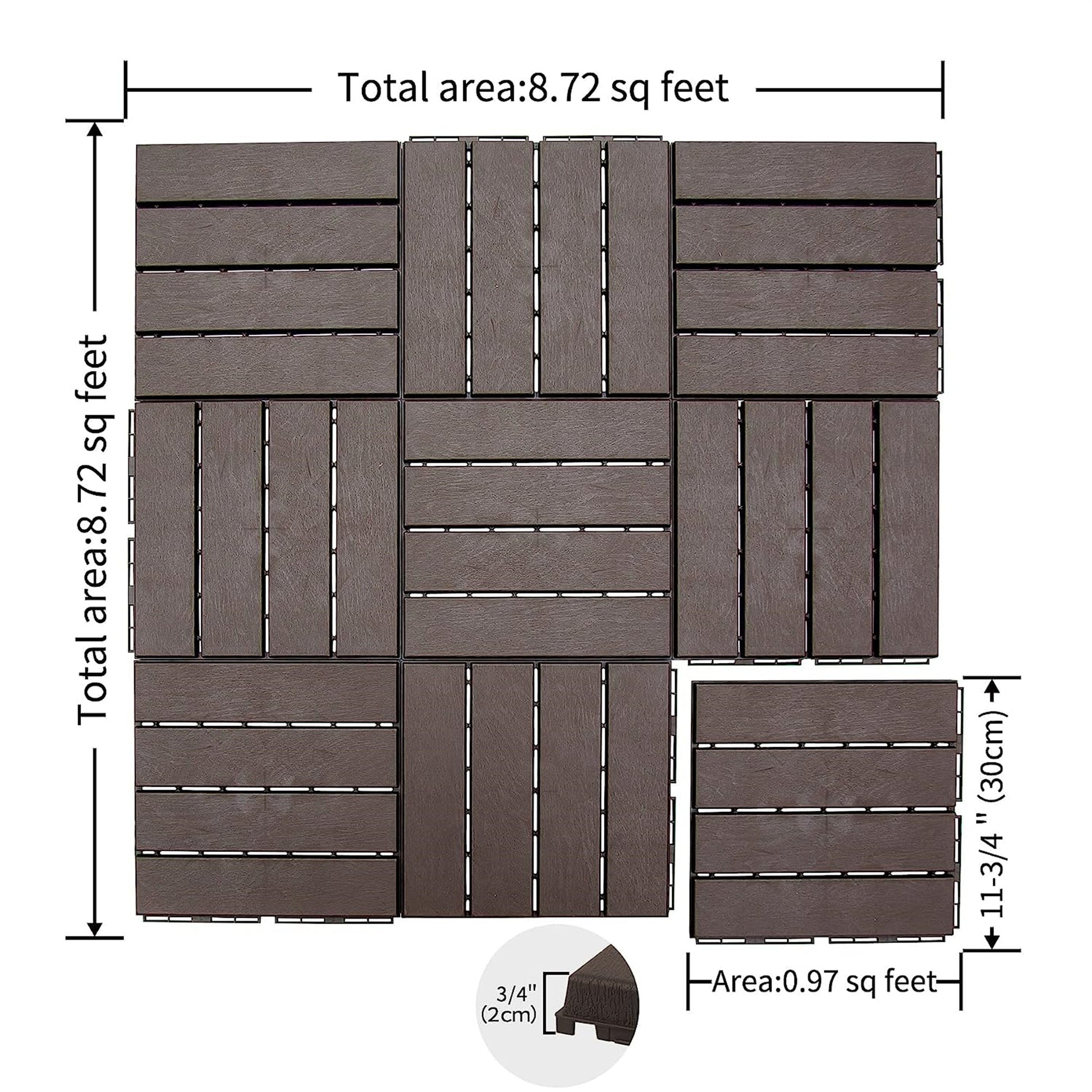Patio Interlocking Deck Tiles, 12"X12" Square Composite Decking Tiles, Four Slat Plastic Outdoor Flooring Tile All Weather For Balcony Porch Backyard, Dark Brown, Pack Of 36 Brown Plastic