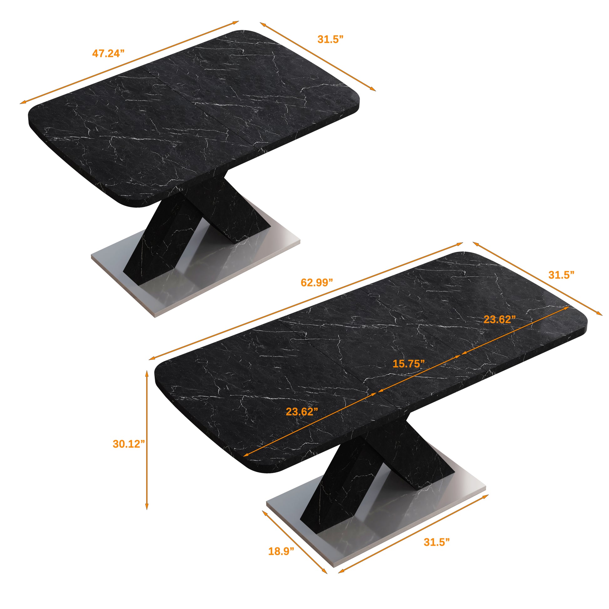 Modern Square Dining Table,Stretchable,Printed Black Marble Table Top Mdf X Shape Table Leg With Metal Base Black Mdf Steel