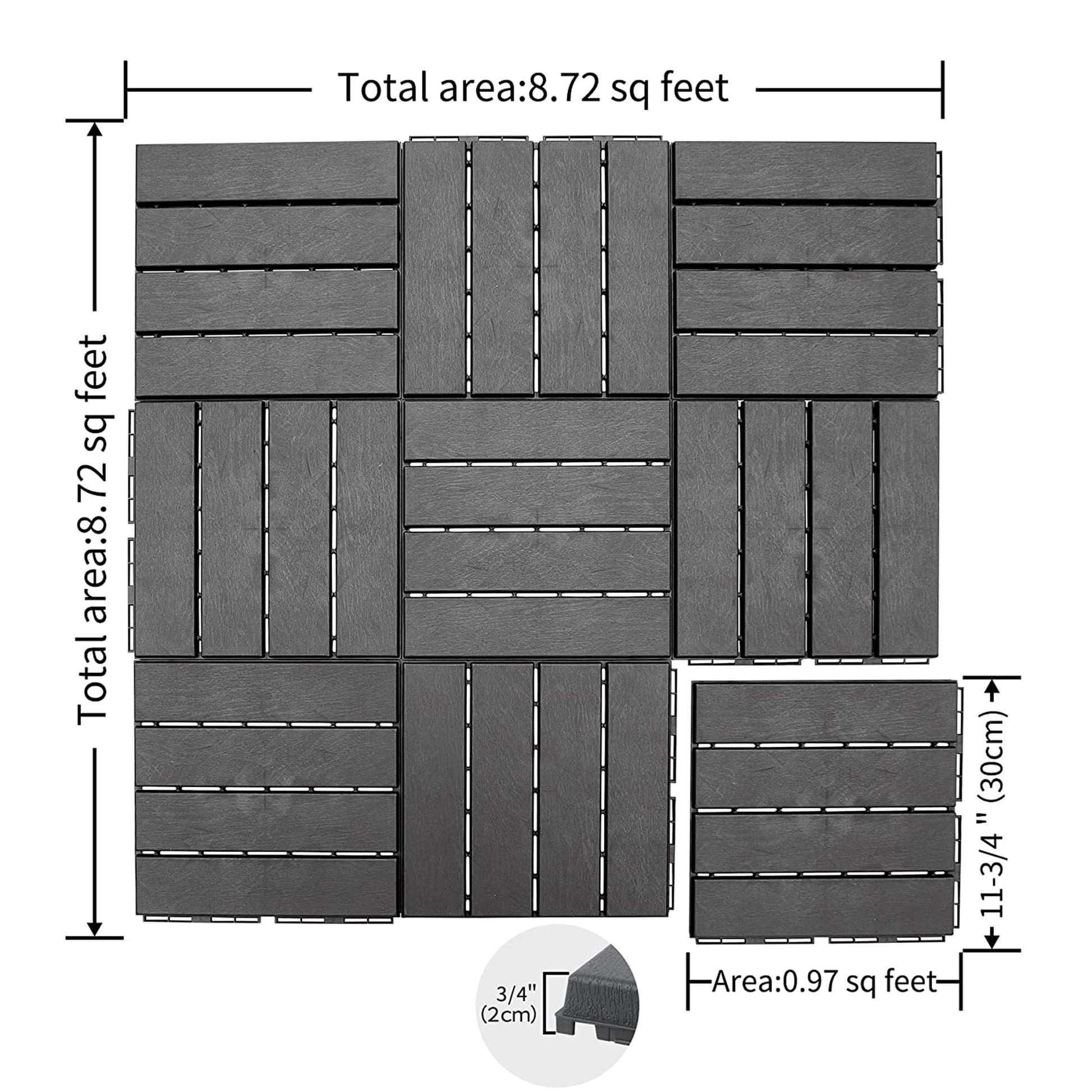 Patio Interlocking Deck Tiles, 12"X12" Square Composite Decking Tiles, Four Slat Plastic Outdoor Flooring Tile All Weather For Balcony Porch Backyard, Dark Grey, Pack Of 27 Grey Plastic