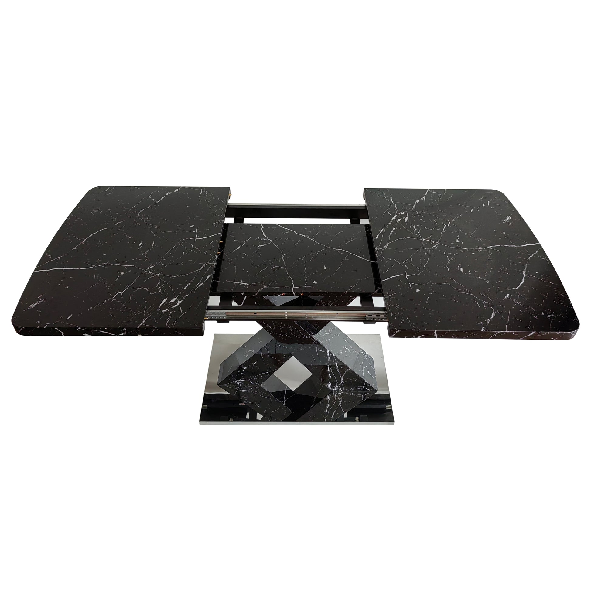 Modern Square Dining Table,Stretchable,Printed Black Marble Table Top Mdf X Shape Table Leg With Metal Base Black Mdf Steel