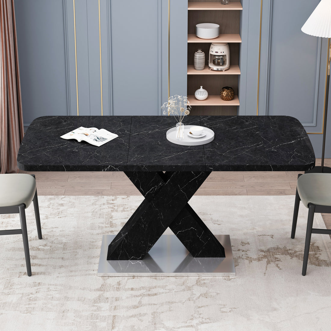 Modern Square Dining Table,Stretchable,Printed Black Marble Table Top Mdf X Shape Table Leg With Metal Base Black Mdf Steel