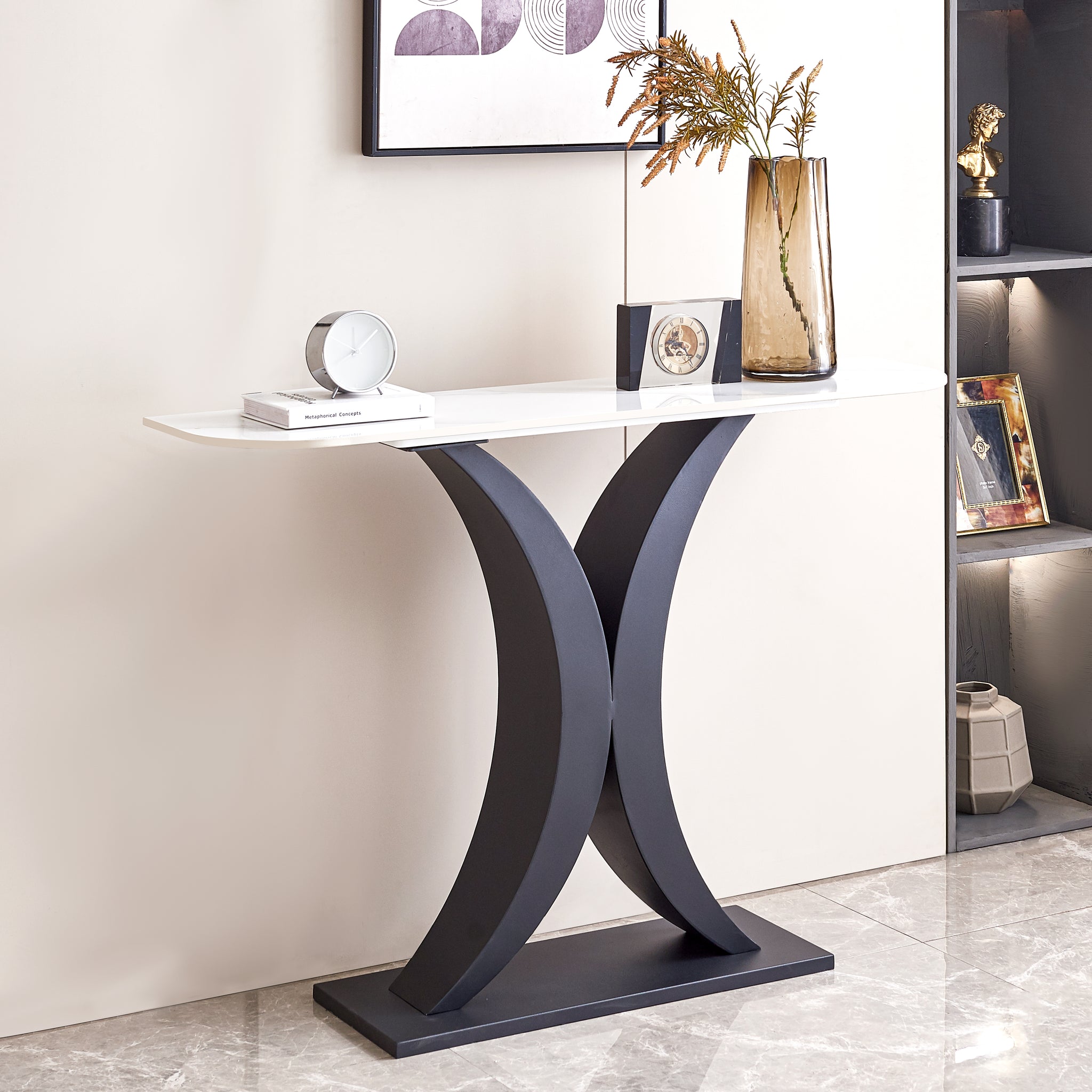 Modern Console Table, Exquisite Shape Design, Metal Frame With Adjustable Foot Pads For Entrance, Corridor, Living Room & Office. Black Black Steel