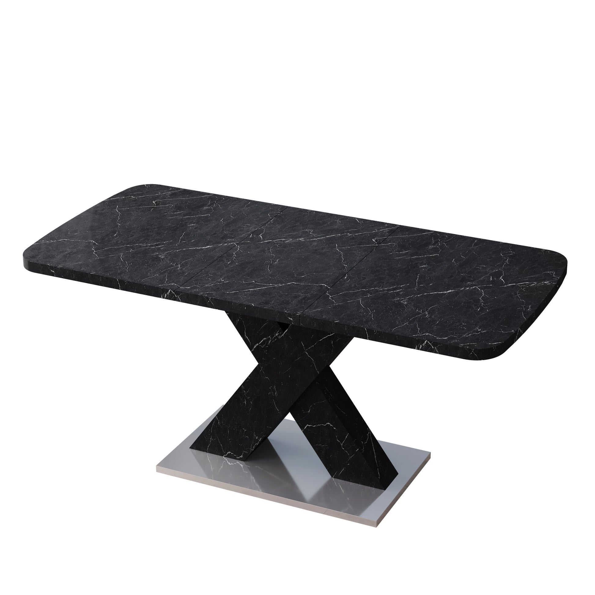 Modern Square Dining Table,Stretchable,Printed Black Marble Table Top Mdf X Shape Table Leg With Metal Base Black Mdf Steel