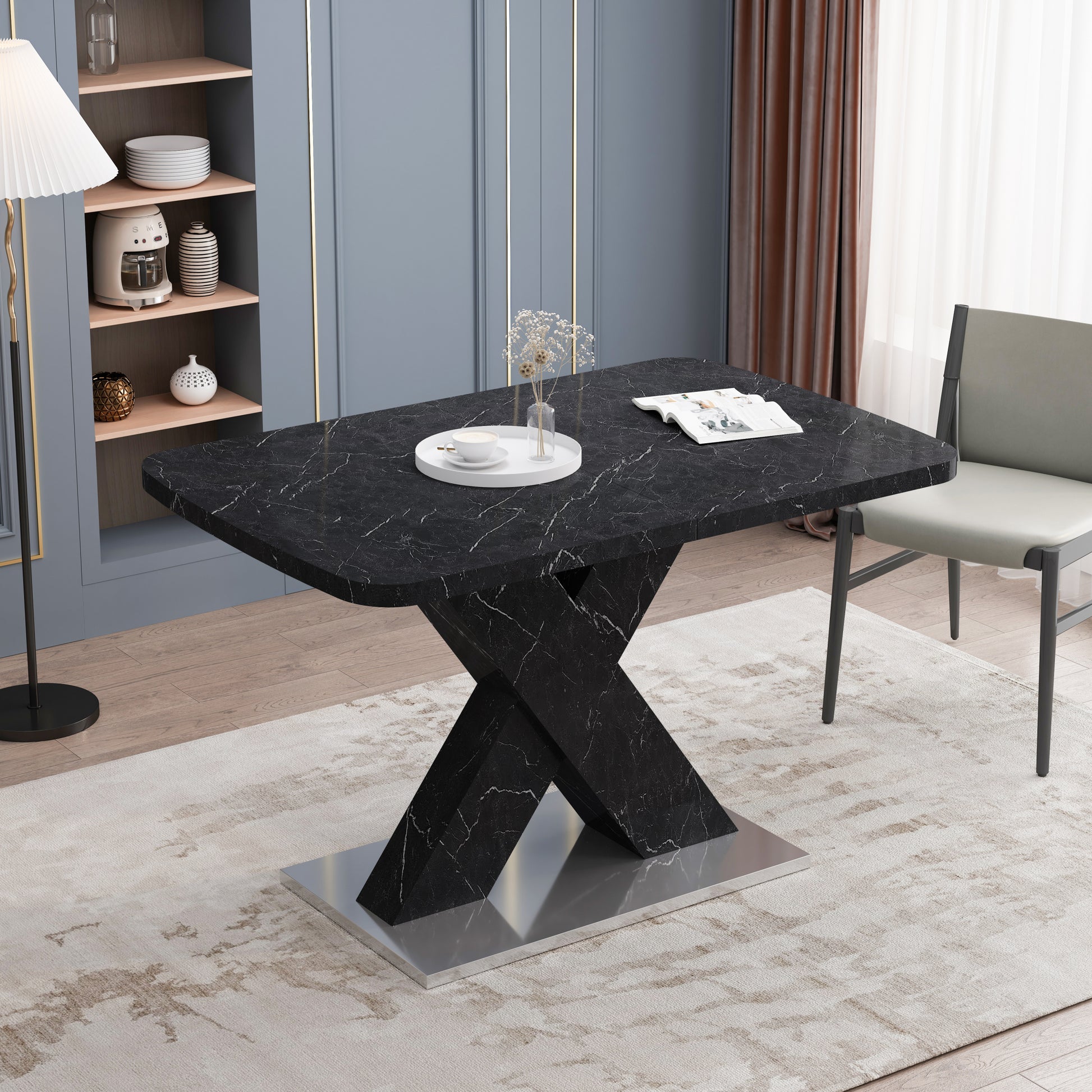 Modern Square Dining Table,Stretchable,Printed Black Marble Table Top Mdf X Shape Table Leg With Metal Base Black Mdf Steel