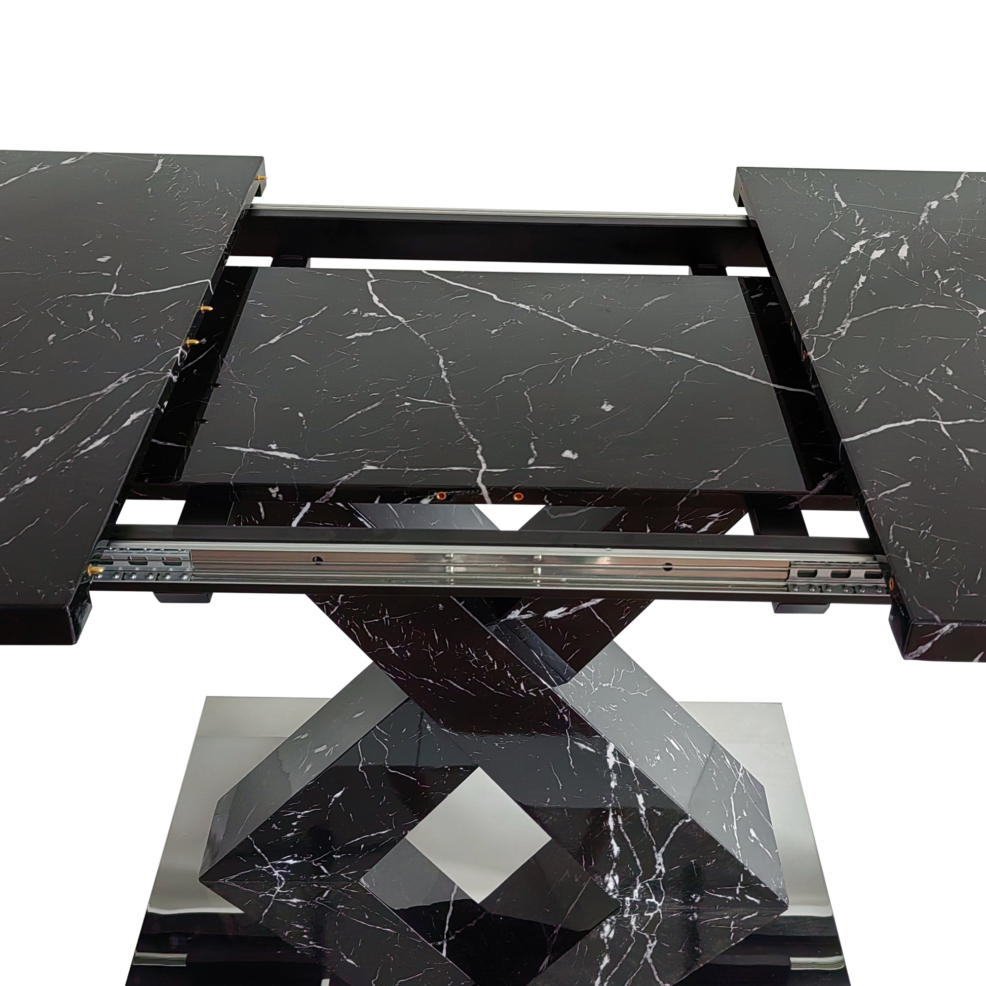 Modern Square Dining Table,Stretchable,Printed Black Marble Table Top Mdf X Shape Table Leg With Metal Base Black Mdf Steel