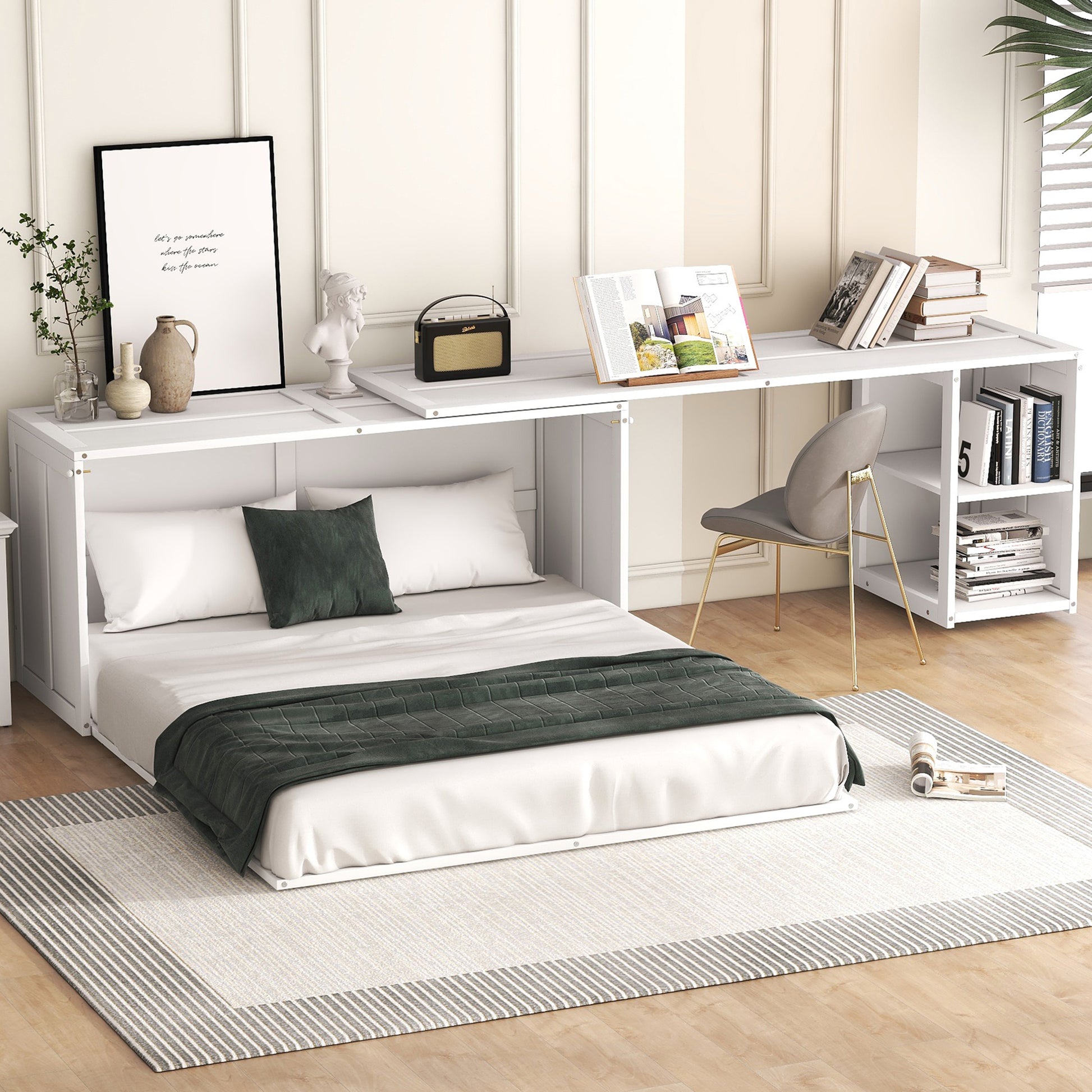 Queen Size Murphy Bed With Rotable Desk, White Box Spring Not Required Queen White Wood Bedroom Pine Bed Frame Solid Wood Mdf