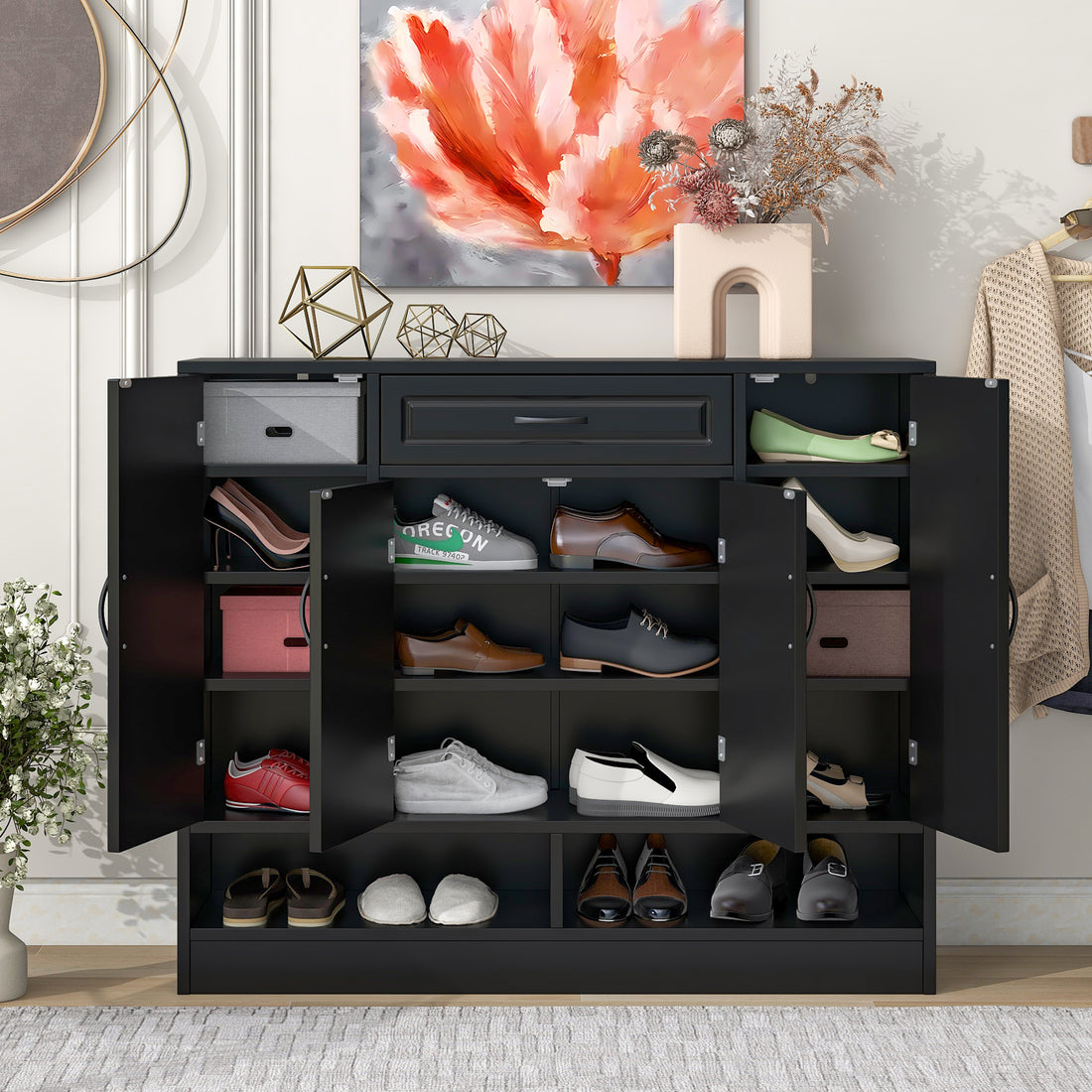 Sleek And Modern Shoe Cabinet With Adjustable Shelves, Minimalist Shoe Storage Organizer With Sturdy Top Surface, Space Saving Design Side Board For Various Sizes Of Items, Black Square 3 4 Spaces
